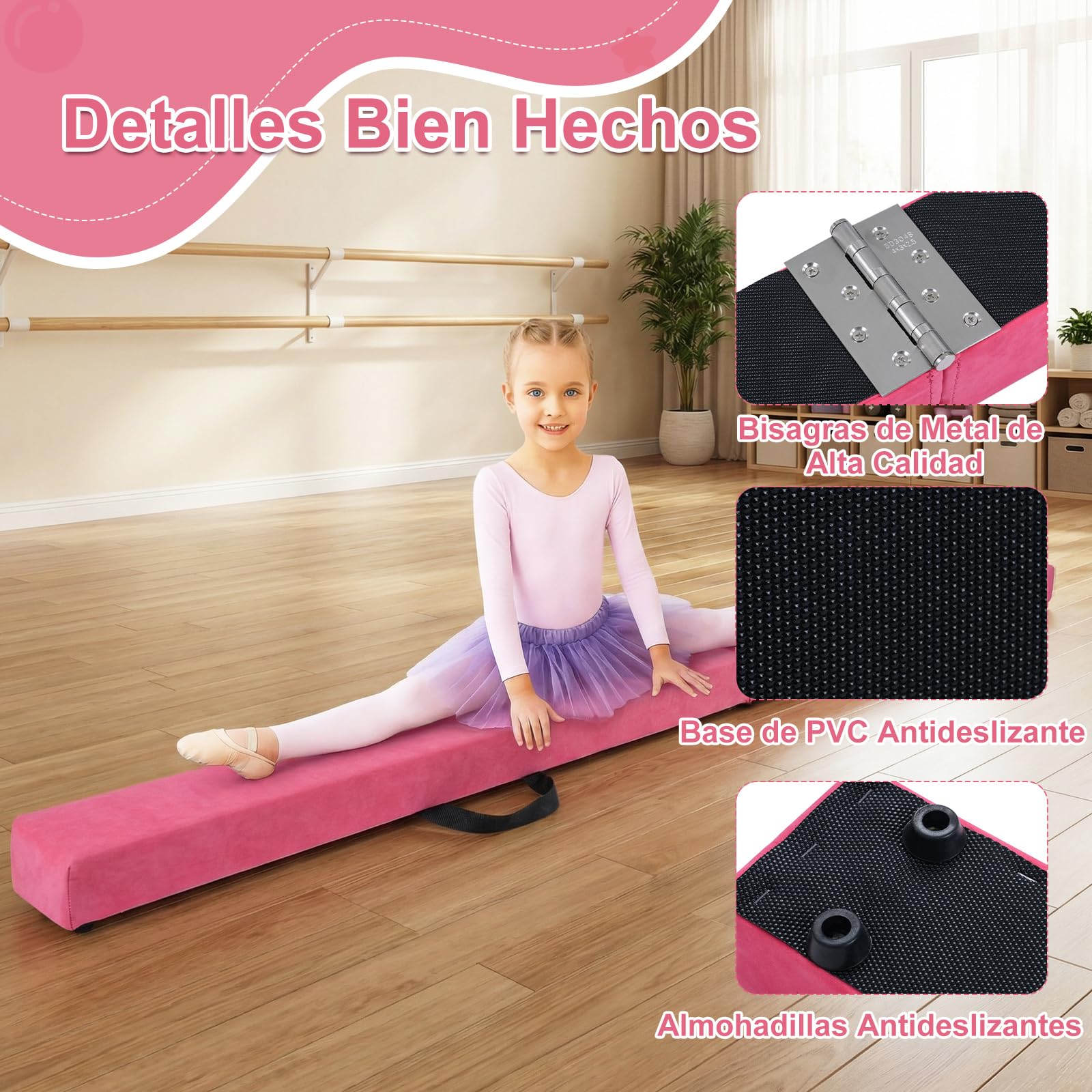 COSTWAY Barra de Equilibrio Gimnasia 210 cm, Viga Plegable con Empuñaduras para Niños
