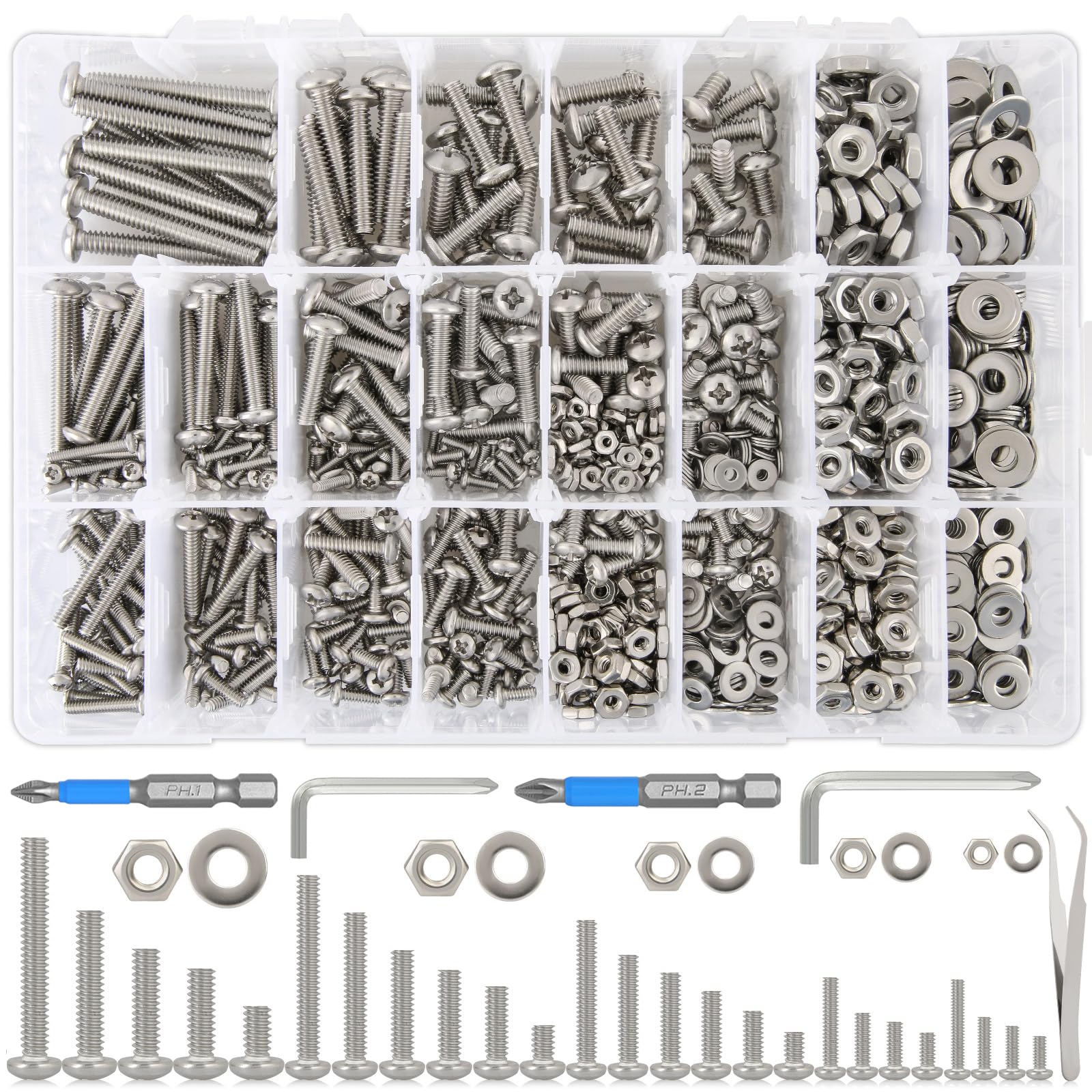 1110Pcs #2-56#4-40#6-32#8-32#10-24 Nuts and Bolts Assortment Kit, Phillips Pan Head Machine Screw Assortment Kit, 25 Sizes 304 Stainless Steel Assorted Nuts and Bolts Washers for Screws