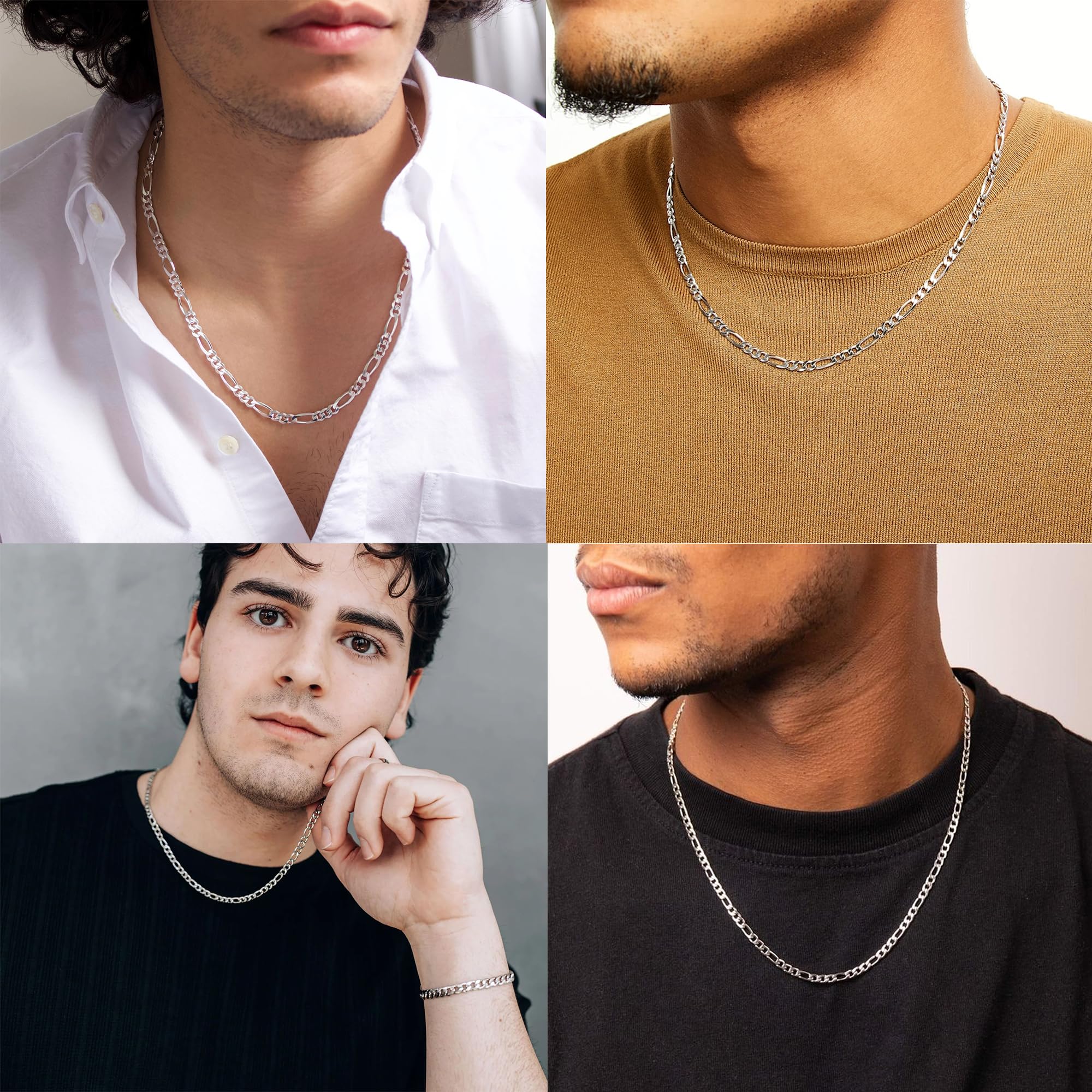 Esrael Chaîne Figaro Pour Homme en Argent Sterling Chaîne en Argent Largeur 3/5mm Taille 41/45/50/55/60cm Cadeau de Noël,Bijoux