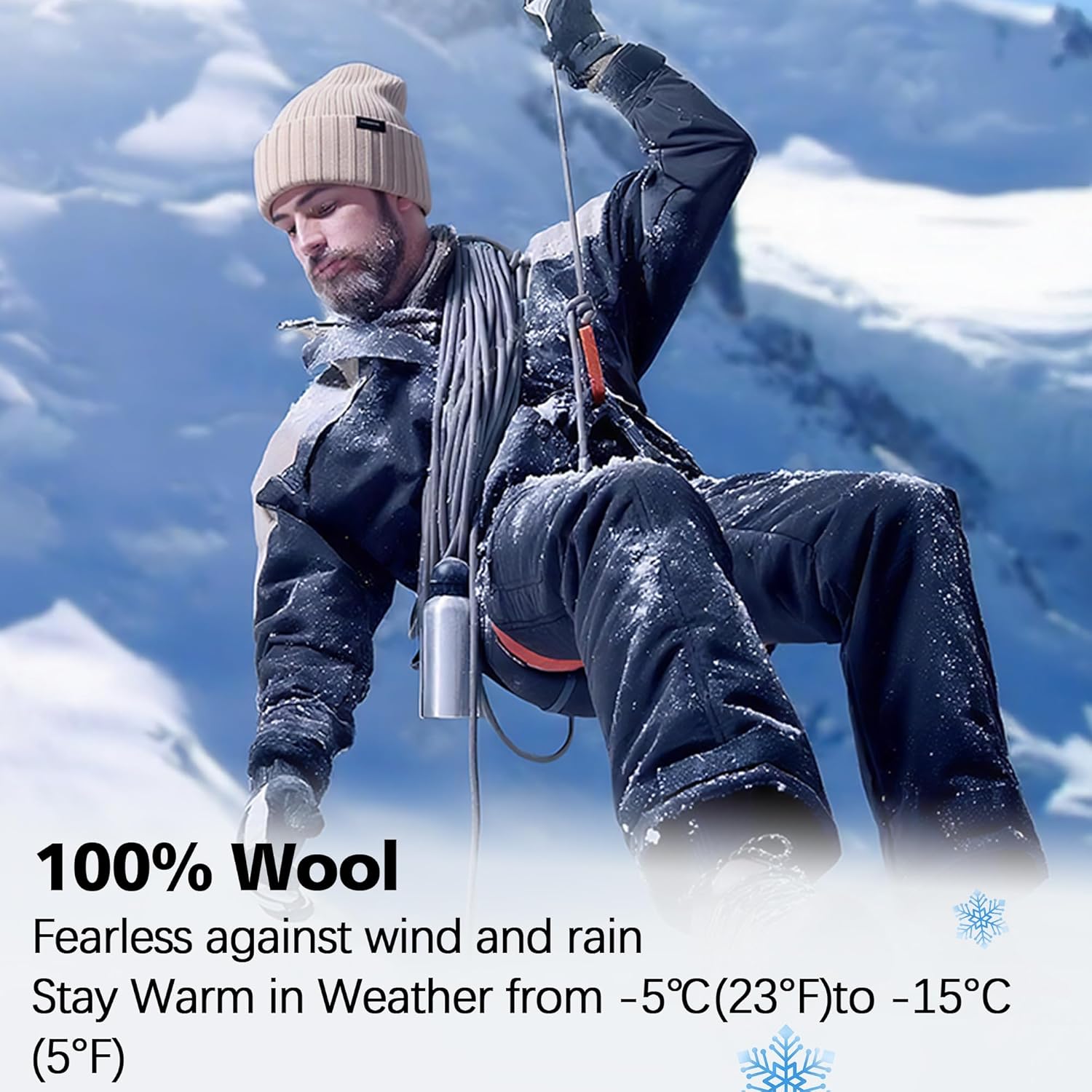 Ababalaya 100% Wool Beanie for Men Women Wool Warm Winter Hat Unisex Windproof Stretchy Knit Double Layer Cuffed Cap - Image 4