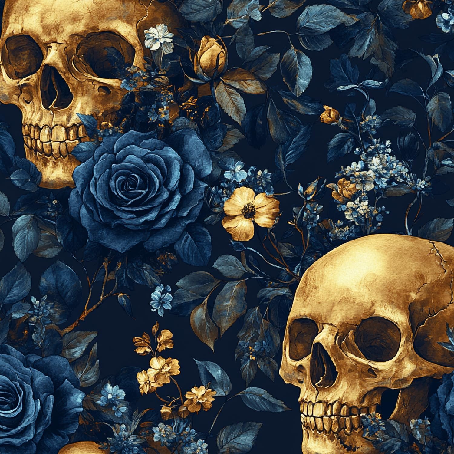 Self Adhesive Wallpaper Modern Style Wall Stick Paper Matte Thick Removable Blue Rose Leaves Gold Skull Peel and Stick Contact Paper for Bedroom Living Room Kids Room Furniture Decor 45x1000CM