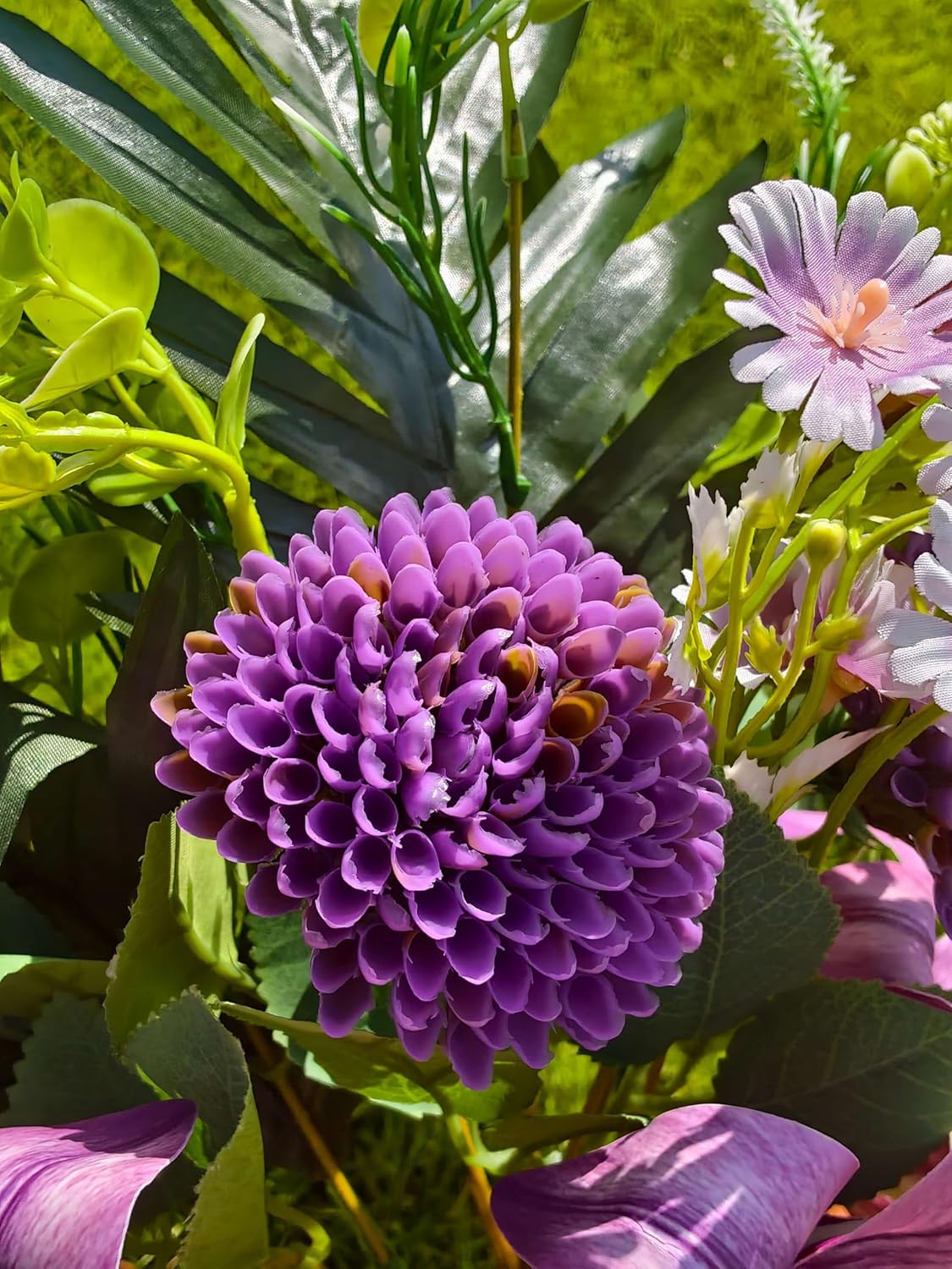 Artificial Purple Lily Cemetery Flowers with Vase and Miss You Metal Sign - Purple Memorial Grave Decorations for Gravesite, Headstone, Tombstone