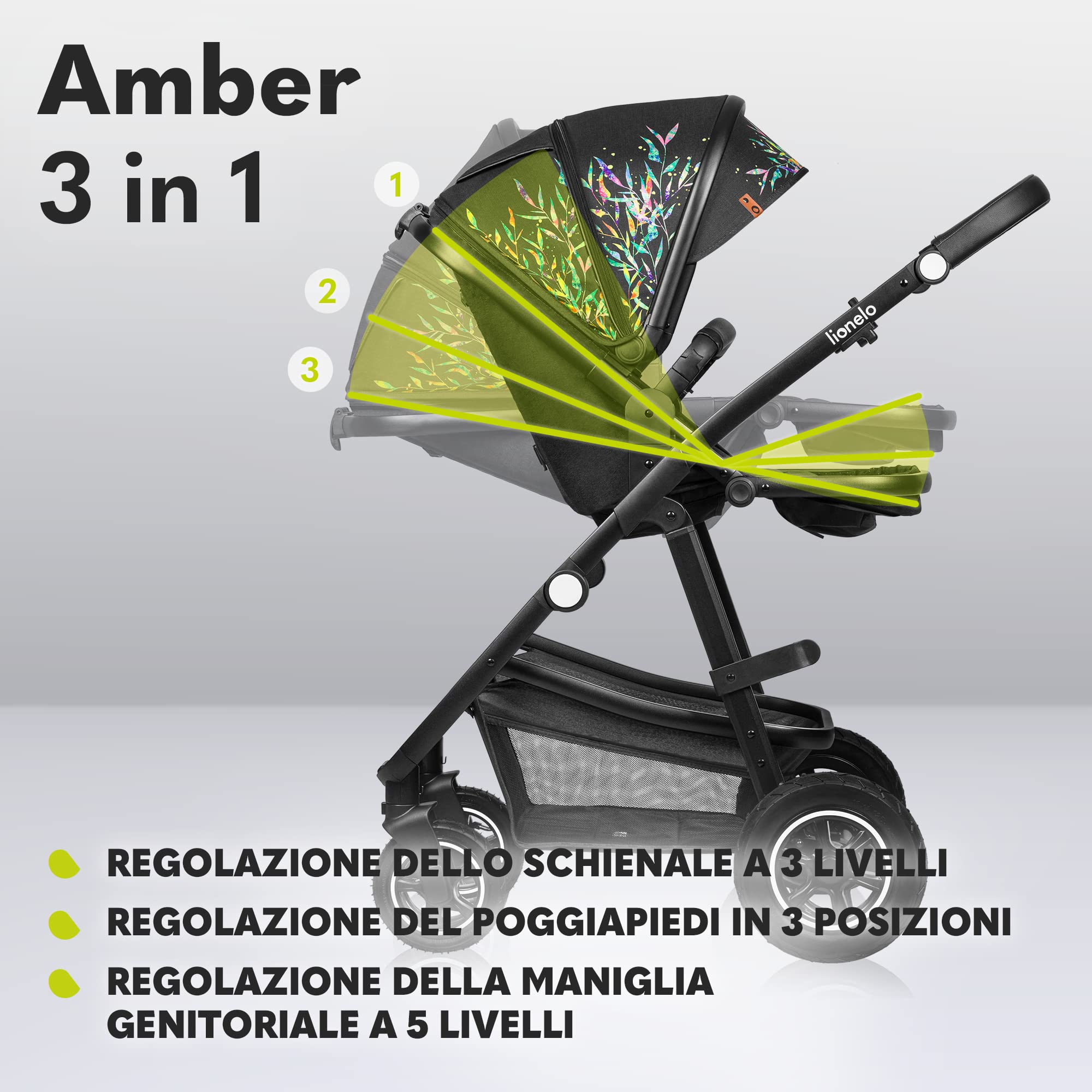 LIONELO Amber Passeggino Trio 0-22 kg Passeggino set 3-in-1: Passeggino + Navicella + Ovetto per neonato e bambini 0 fino a 48 mesi o 22 kg Regolabile e pieghevole, Ruote grandi, Cappotina XXL | Passeggino Per bambini Fino a 22 kg con Navicella e Ovetto,