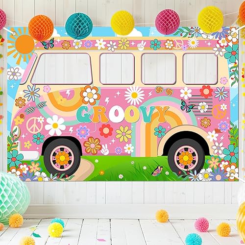 Decoraciones de fiesta hippie Groovy Bus Banner de los años 60, telón de fondo de margarita, recortado de la cara de los años 60, accesorios para