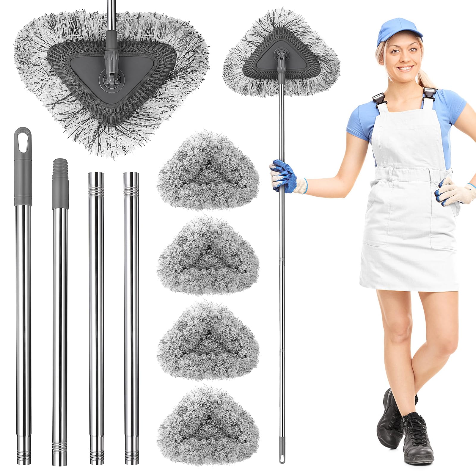 Wall Cleaner Mop with Long Handle, 57inch 360° Rotatable Baseboard Cleaner Tool Adjustable Washable Wall Cleaning Mop with 4 Reusable Wet & Dry Mop Pads for Bathroom Walls Ceiling Window(Grey)