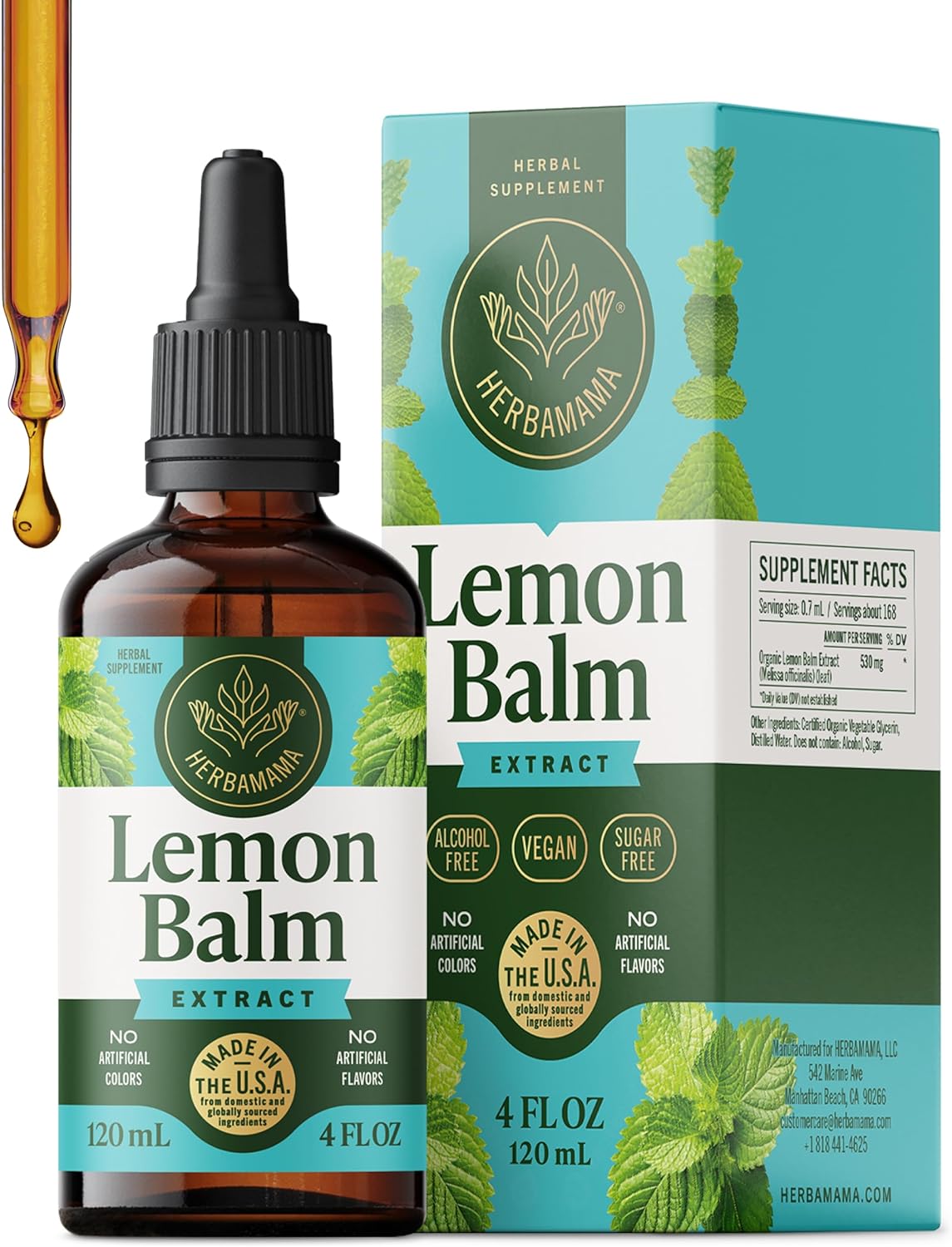 HERBAMAMA Lemon Balm Tincture - Vegan Relaxation Support with Lemon Balm Extract - Melissa Officinalis Liquid Supplement Drops - Non-GMO, Alcohol & Sugar-Free - 56-Day Supply