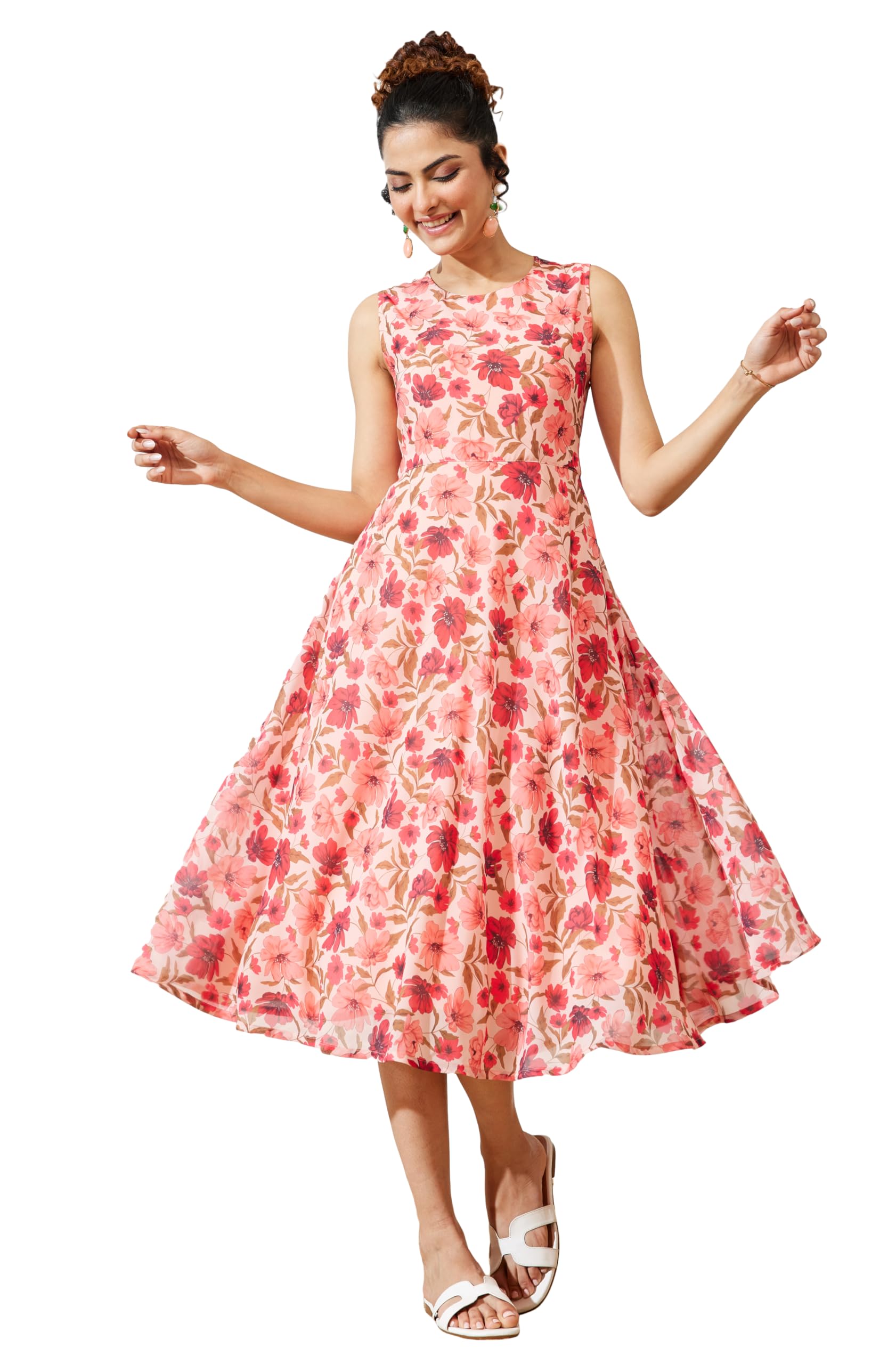 Women's Peach Georgette Floral Printed Flared Dress-image-39