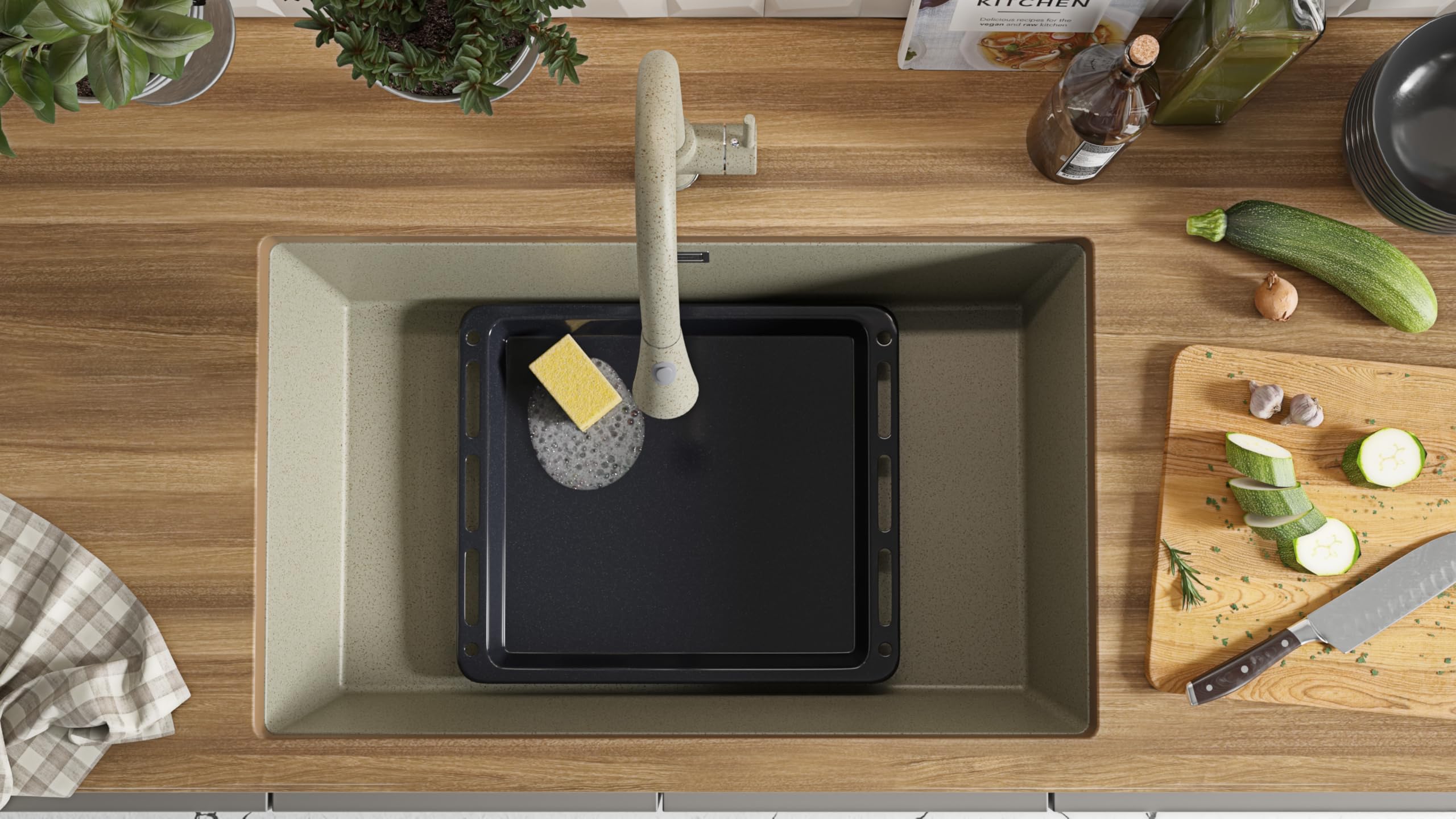 PRIMAGRAN Evier sous Plan Beige - London, 76x47cm | Evier en Granit 1 Bac + Robinet 32x20cm + Kit d'accessoires, Évier au Meuble 80cm (S493)