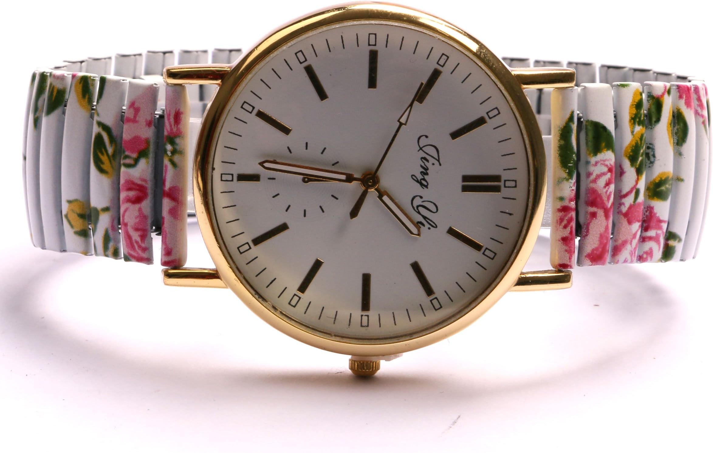 Print Floral Flower Elastic Stainless Steel Band Quartz Wrist Watch for Ladies (White)