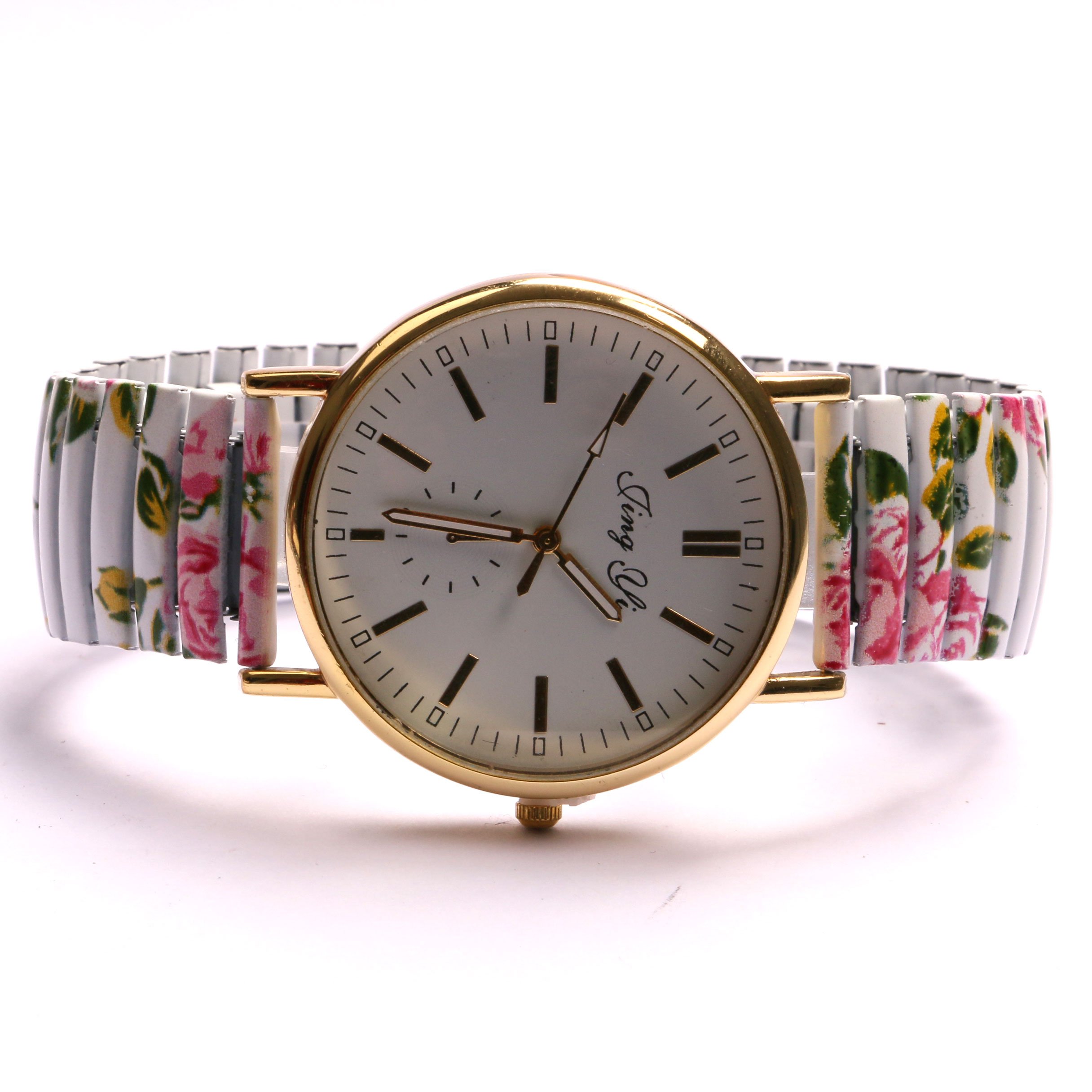 Print Floral Flower Elastic Stainless Steel Band Quartz Wrist Watch for Ladies (White)