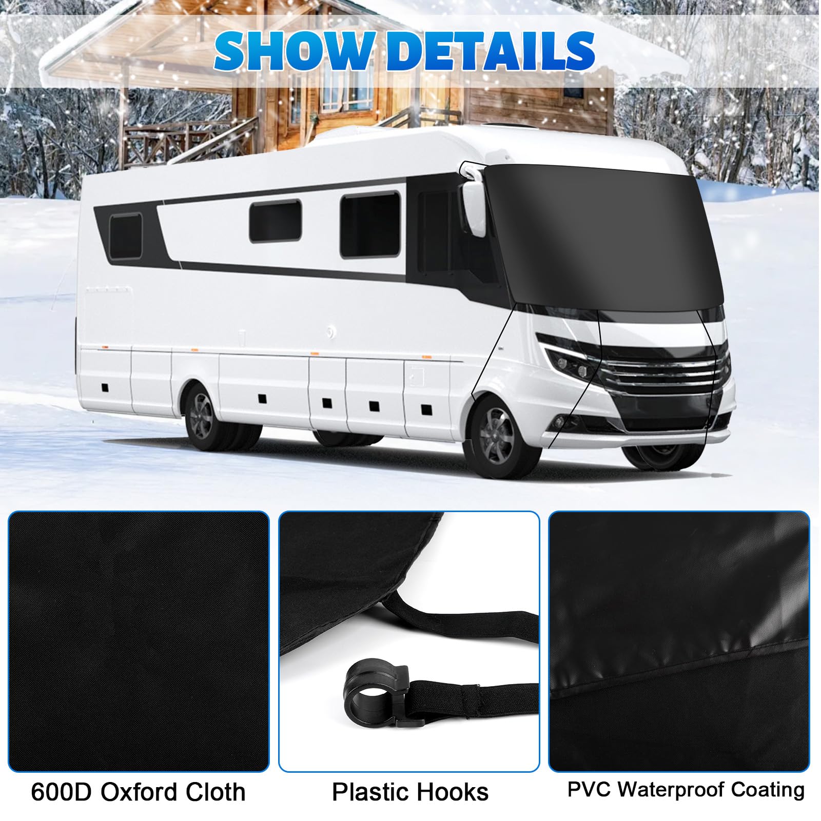 Funda para Parabrisas de Coche para Autocaravanas integradas, Funda Envoltura de Parabrisas de Lujo 600D para Clase A, Impermeable, Nieve, Hielo, Escarcha, Polvo, Sol (Negro) — view 4