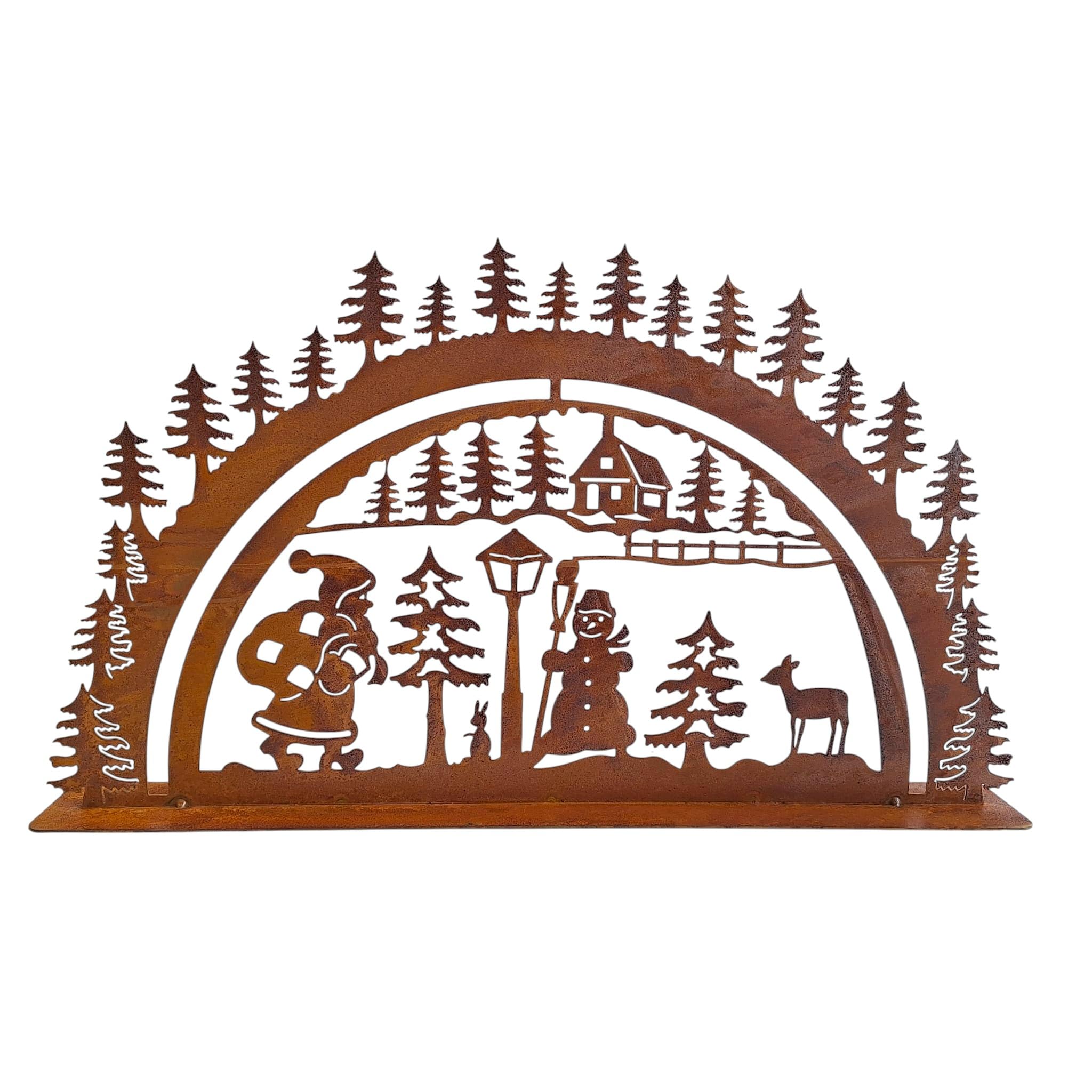 Edelrost Weihnachtliche Schwibbogen Dekoration, Winterlandschaft mit Schneemann, Metall Rostoptik, 60x35cm, Garten und Haus Weihnachtsdeko