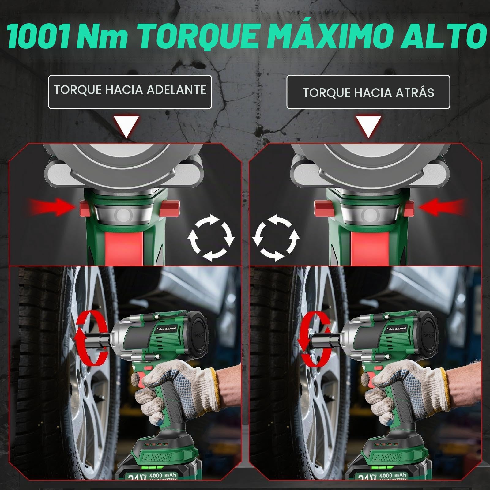 1000Nm Llave de Impacto a Bateria Inalámbrica, 1/2 Pistola de Impacto Bateria con dos baterías de 4000 mAh, Cargador Rápido, 5 Llaves de vaso, Pistola impacto para neumáticos de coche