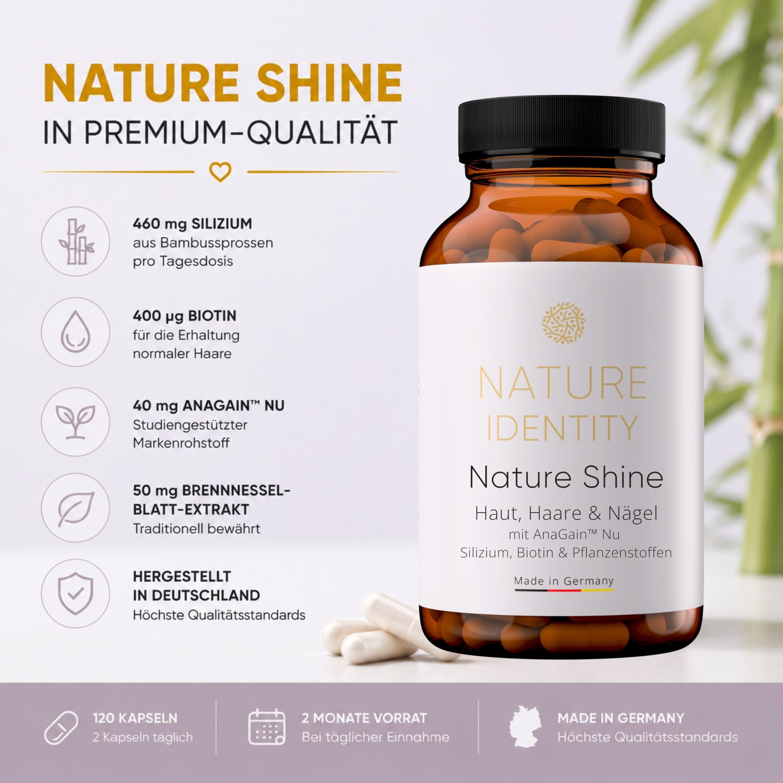 Nature Shine - Haar Vitamine mit 460mg Silizium, AnaGain™ Nu, Biotin, Zink, Selen für Haare, Haut, Nägel 120 Haar Kapseln für Frauen und Männer - Vegan