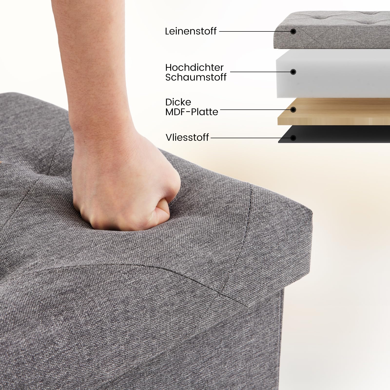 Sweetcrispy Banco con Espacio de Almacenamiento, Banco con Patas, 76 x 38 x 38 cm, Plegable, Caja de Almacenamiento con Tapa, soporta hasta 300 kg, para salón, Dormitorio, Pasillo, Gris Oscuro
