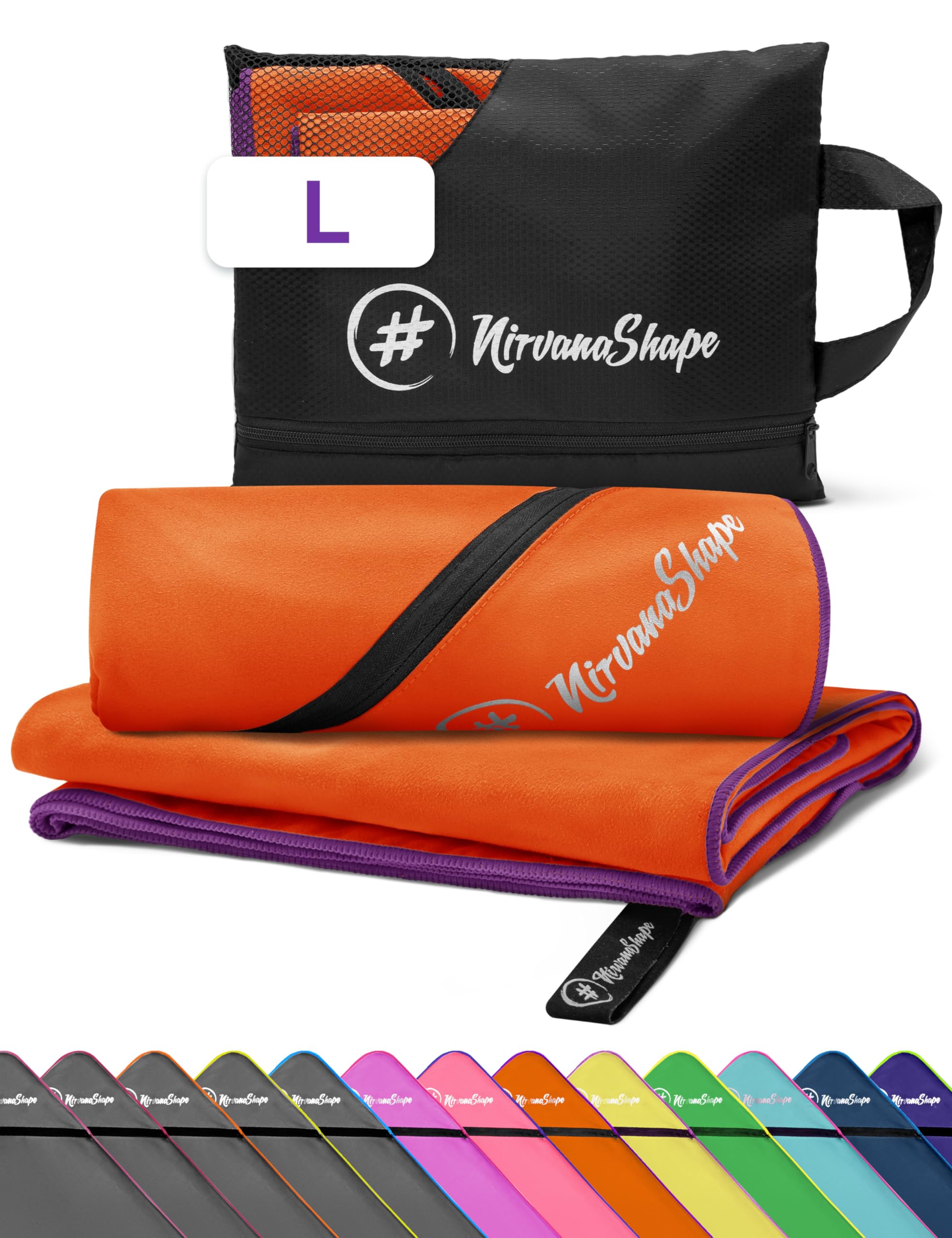 NirvanaShape Microfiber - Travel Towel for Beach Sports, L 140 x 70 cm, Orange / Violet Seam, L: 140 x 70 cm