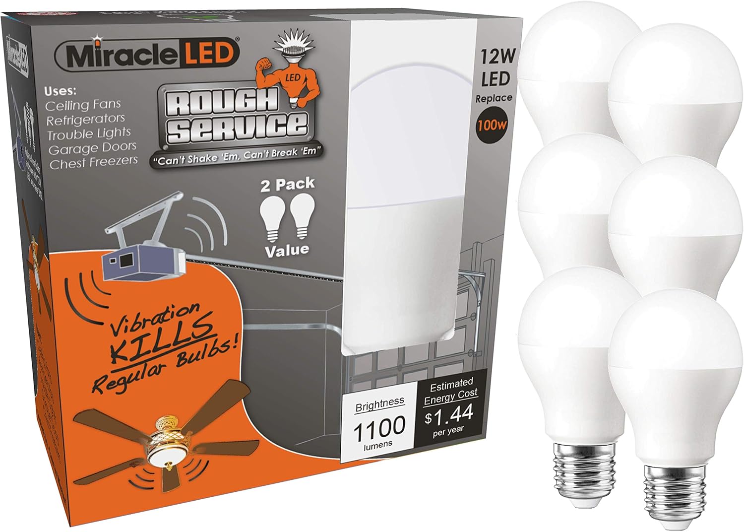 ❤ Crazy Deals Miracle LED 602670 Rough Service Long Life Harsh-Environment Bulb, Replaces 100W, 6-Pack, Cool White, 6 Count