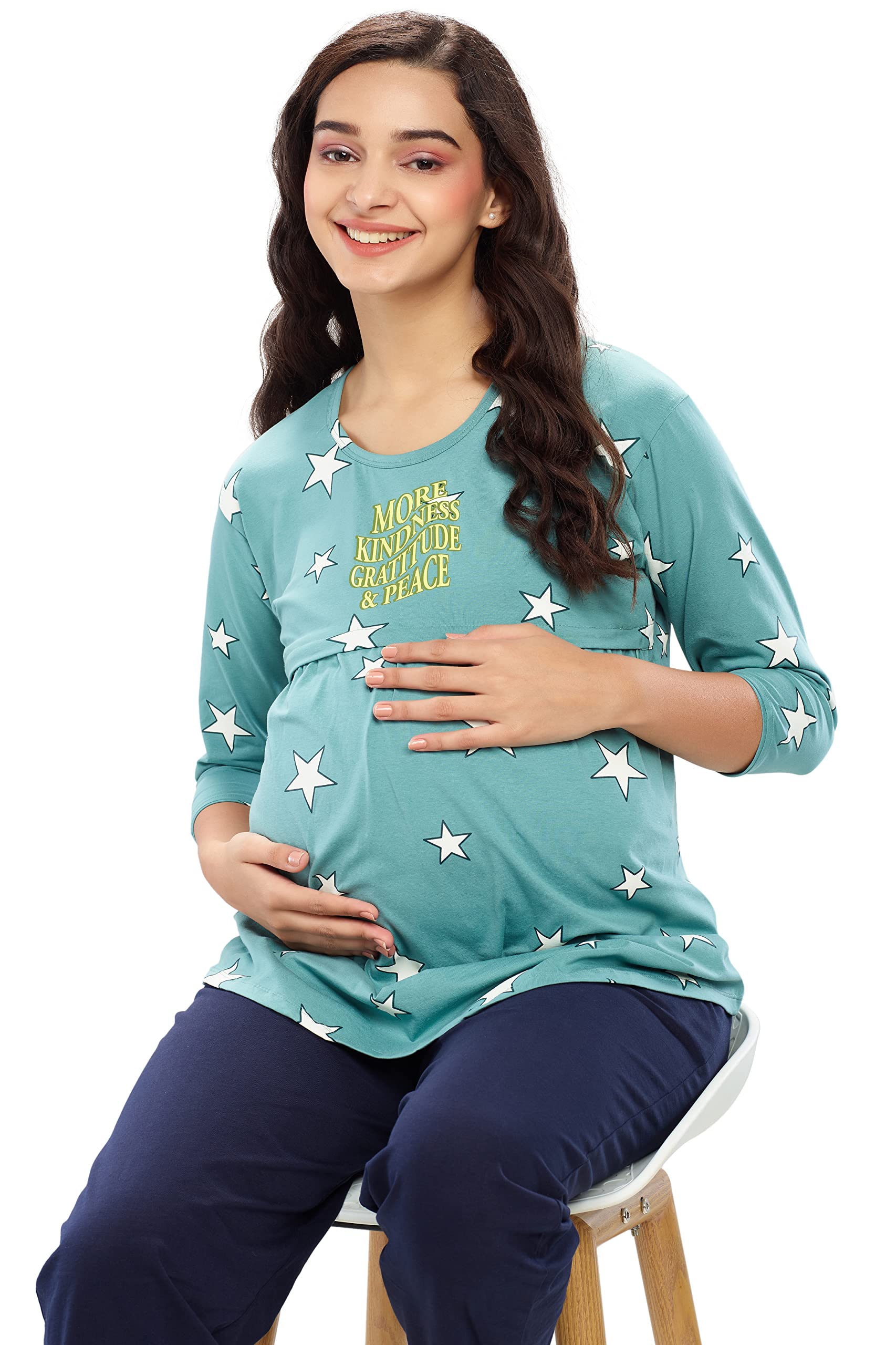 ZEYO Women's Cotton Star Printed Sea Green Maternity & Feeding Top 5645 1