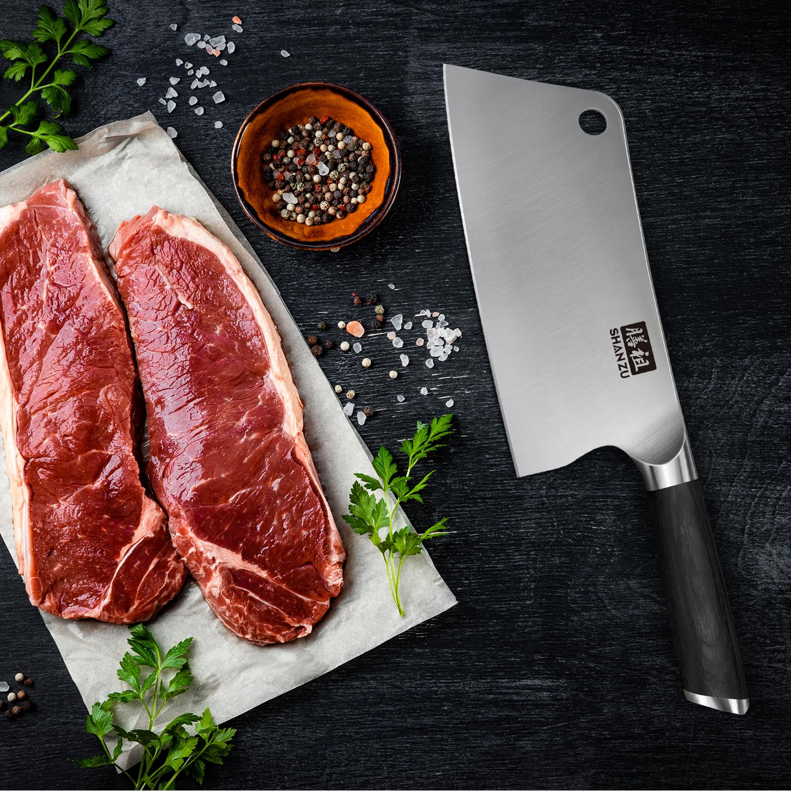SHAN ZU Couteau de cuisine, couperet à viande avec trou de 17,8 cm, couteau de chef tranchant, hachoir à légumes japonais en acier inoxydable à haute teneur en carbone avec manche en bois de pakka