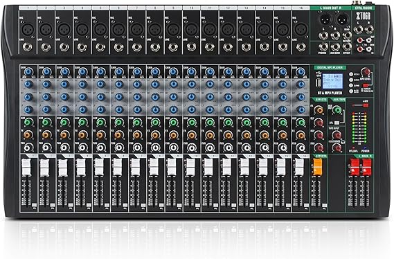 XTUGA 16 Channel Audio Mixer Sound Board Mixing Console, Audio Interface PC USB Bluetooth with 48V Phantom Digital Effect for DJ Live Recording Studio Karaoke(CT160)