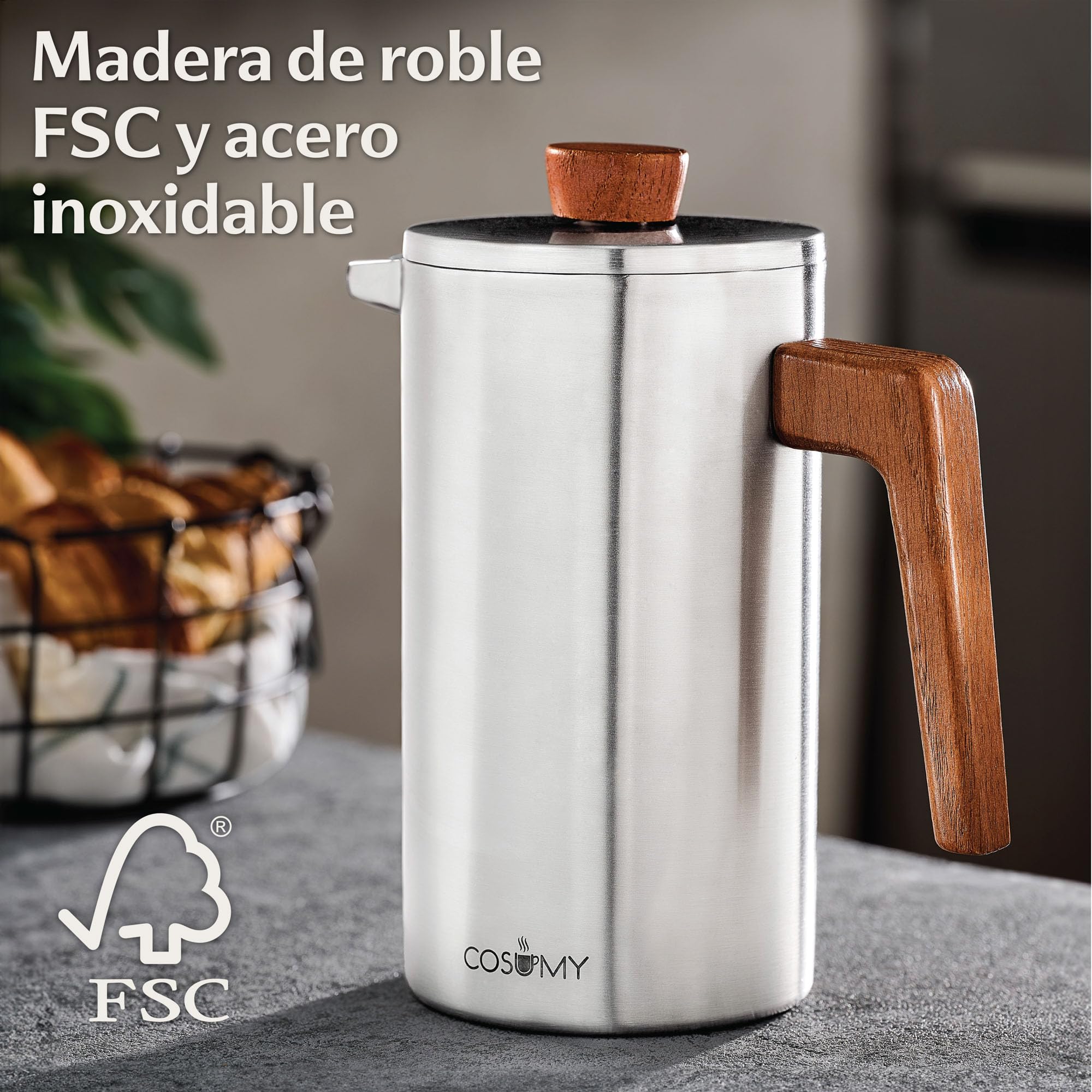 Cafetera Francesa 1L Acero Inoxidable Madera Roble Doble Pared Aislada 5 Tazas 2 Filtros