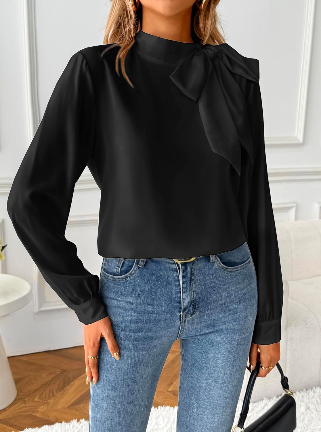 SOFIA'S CHOICE Women's Bow Tie Neck Corporate Outfits Long Sleeve Dressy Blouse Casual Business Shirt Top - Image 4