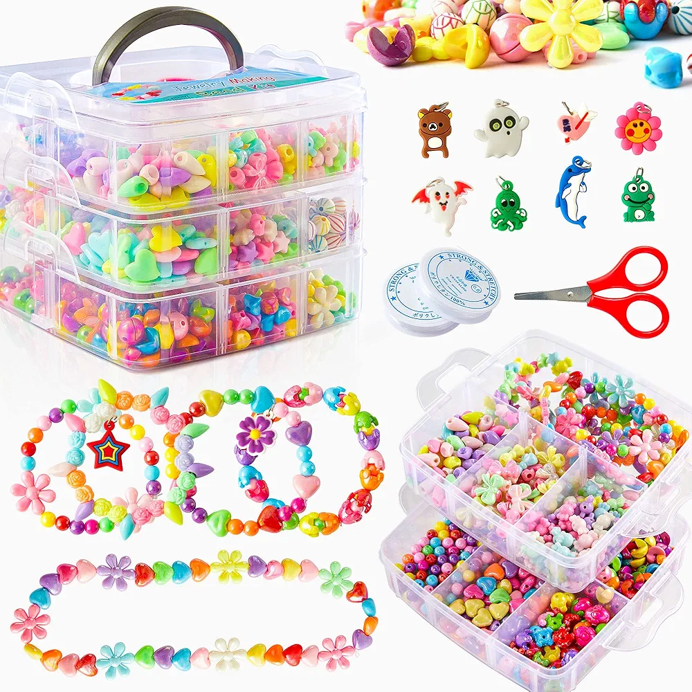 Beads for Kids Crafts, 1100 Jewelry Making Bead Kit Includes Scissor, String, Instruction and Accessories for Bracelet Making, Toys for Girls by Inscraft