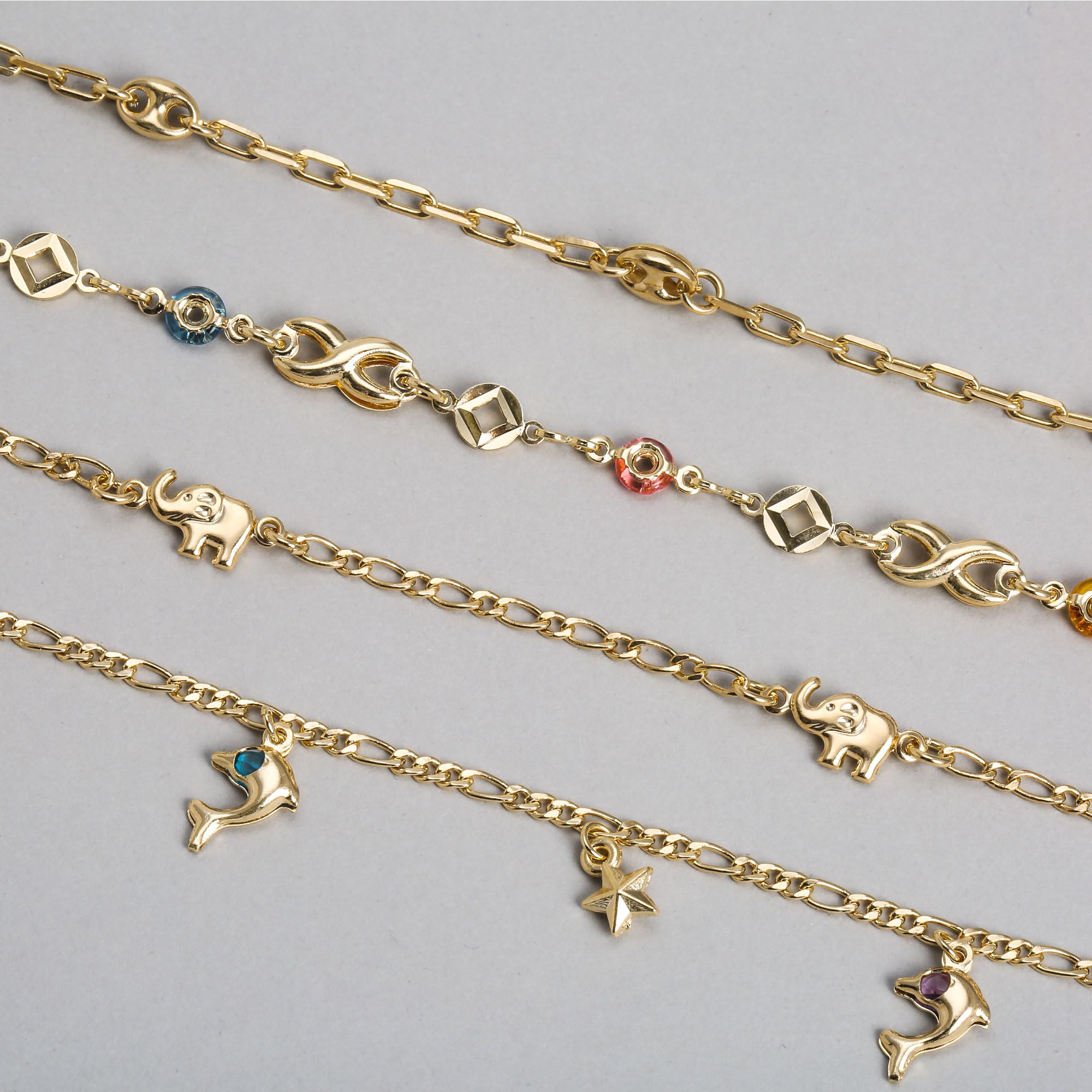 Bling Jewelry Pulsera De Tobillo Delicada Con Tres Amuletos De Elefante De La Suerte Para Mujeres Adolescentes, Bañada En Oro De 18 Quilates De Latón, Hecha En Brasil De 7.5 A 9.5 Pulgadas