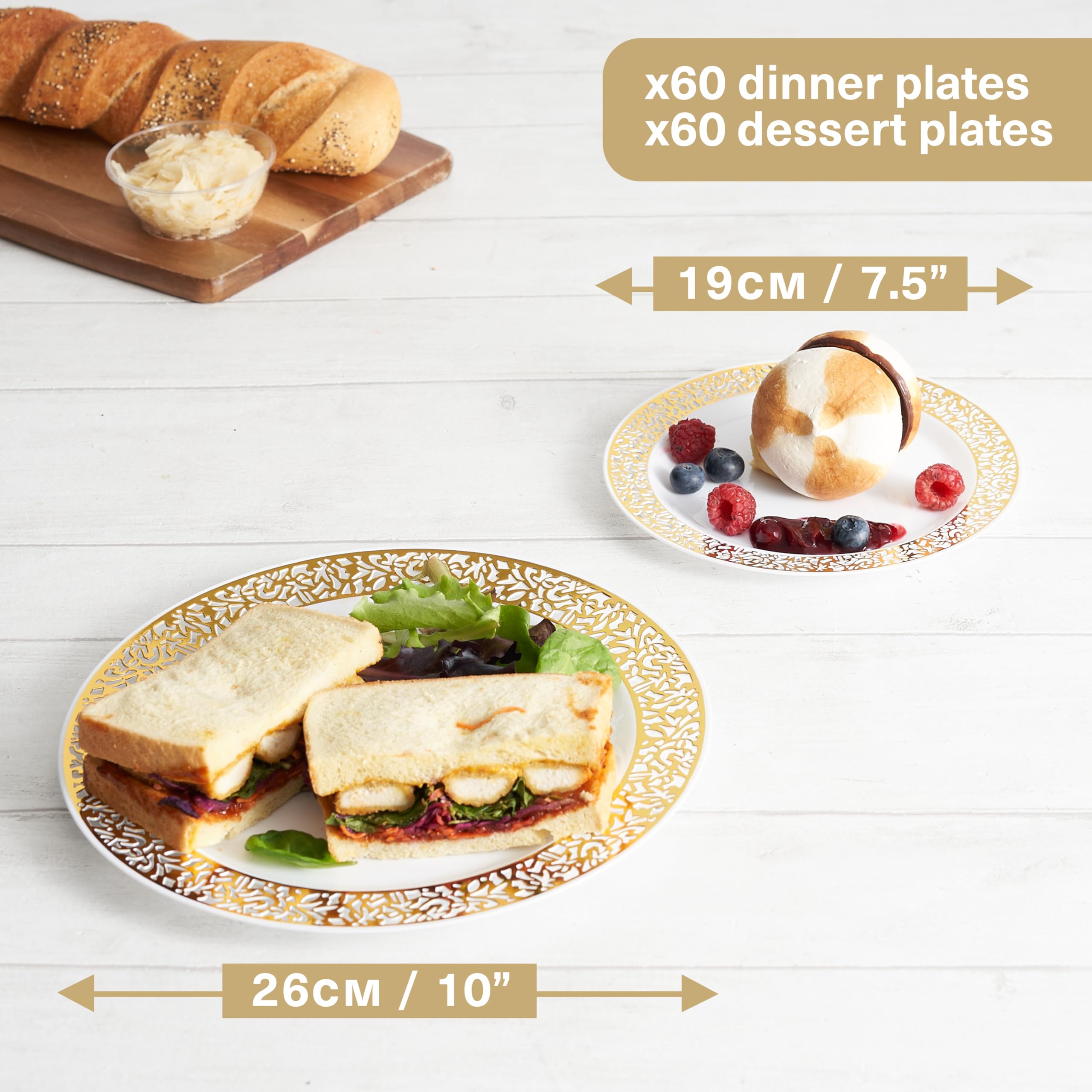 MATANA 120 Assiettes Blanches Élégantes avec Bord Doré pour Mariages, Anniversaires, Baptêmes, Noël & Fêtes (2 Tailles, 26cm & 19cm) - Solide & Réutilisable