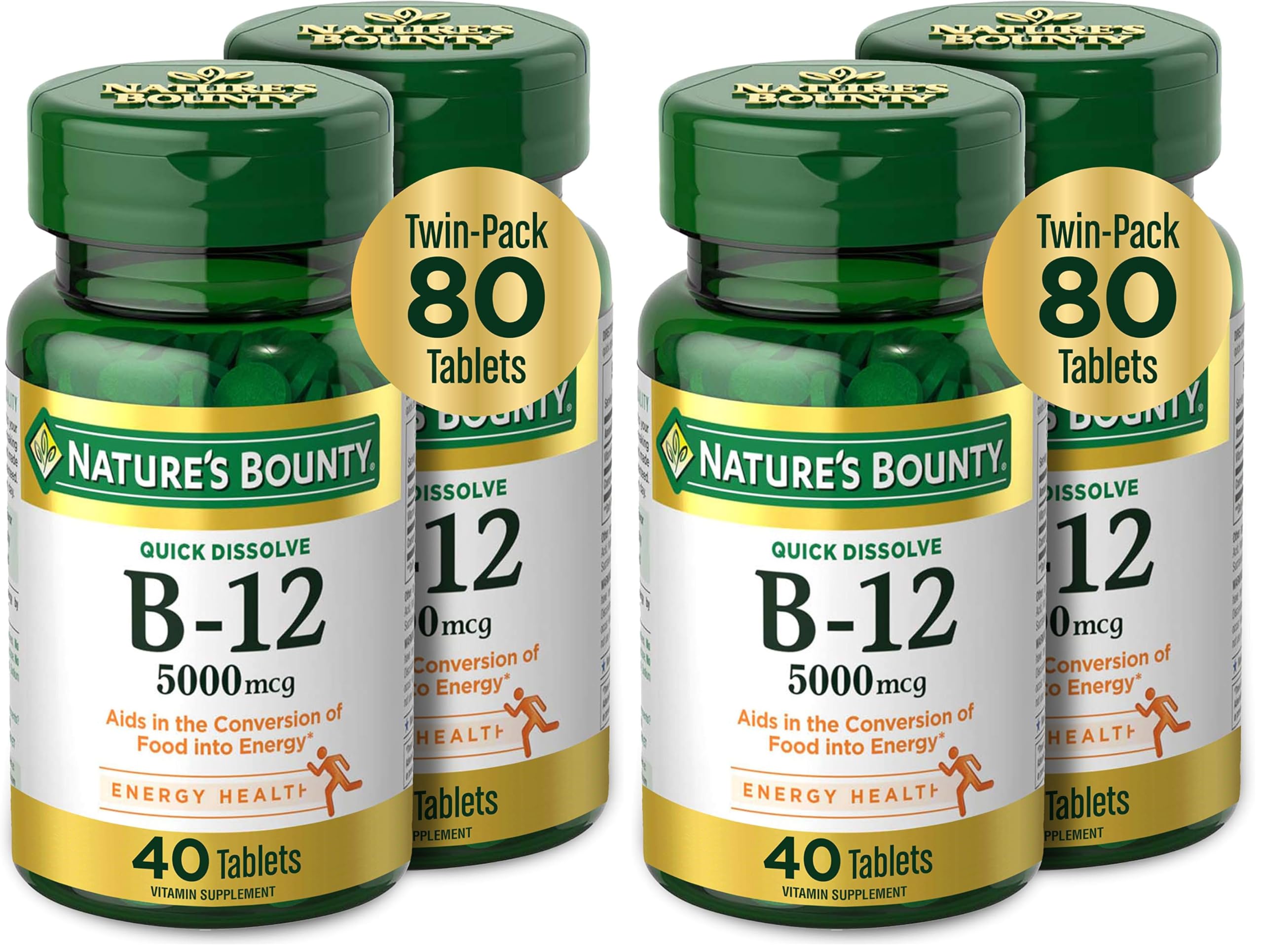 Nature's Bounty Vitamin B12, Quick Dissolve Vitamin Supplement, Supports Energy Metabolism and Nervous System Health, 5000mcg, 40 Tablets (Pack of 4) Unflavored 40 Count (Pack of 4)