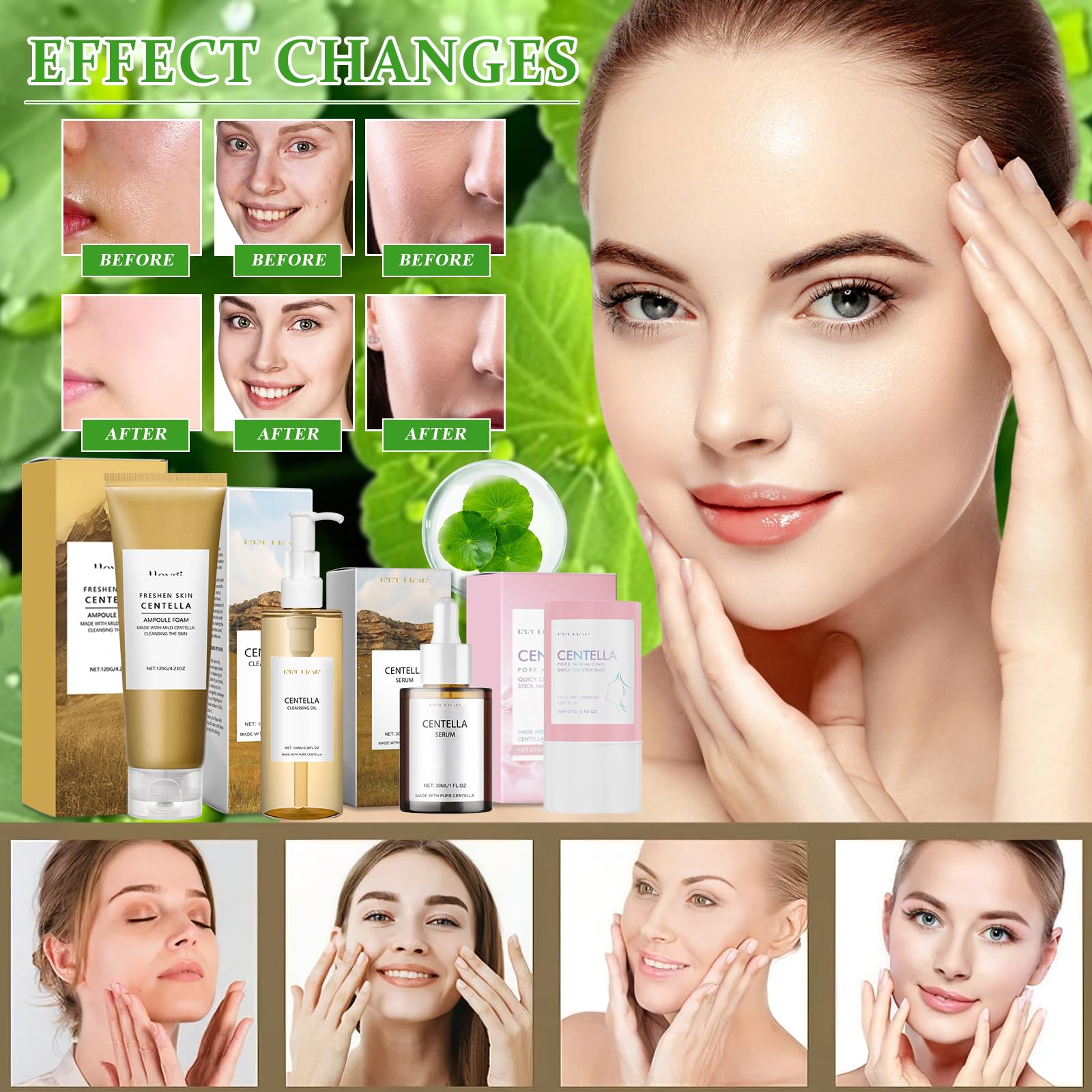 4 Piezas Centella Kit, Centella Cleansing Oil + Centella Limpiador Facial | Asiatica Serum + Centella Stick Mask, Skincare Kit, Suave y Ligero, Apto para Pieles Sensibles