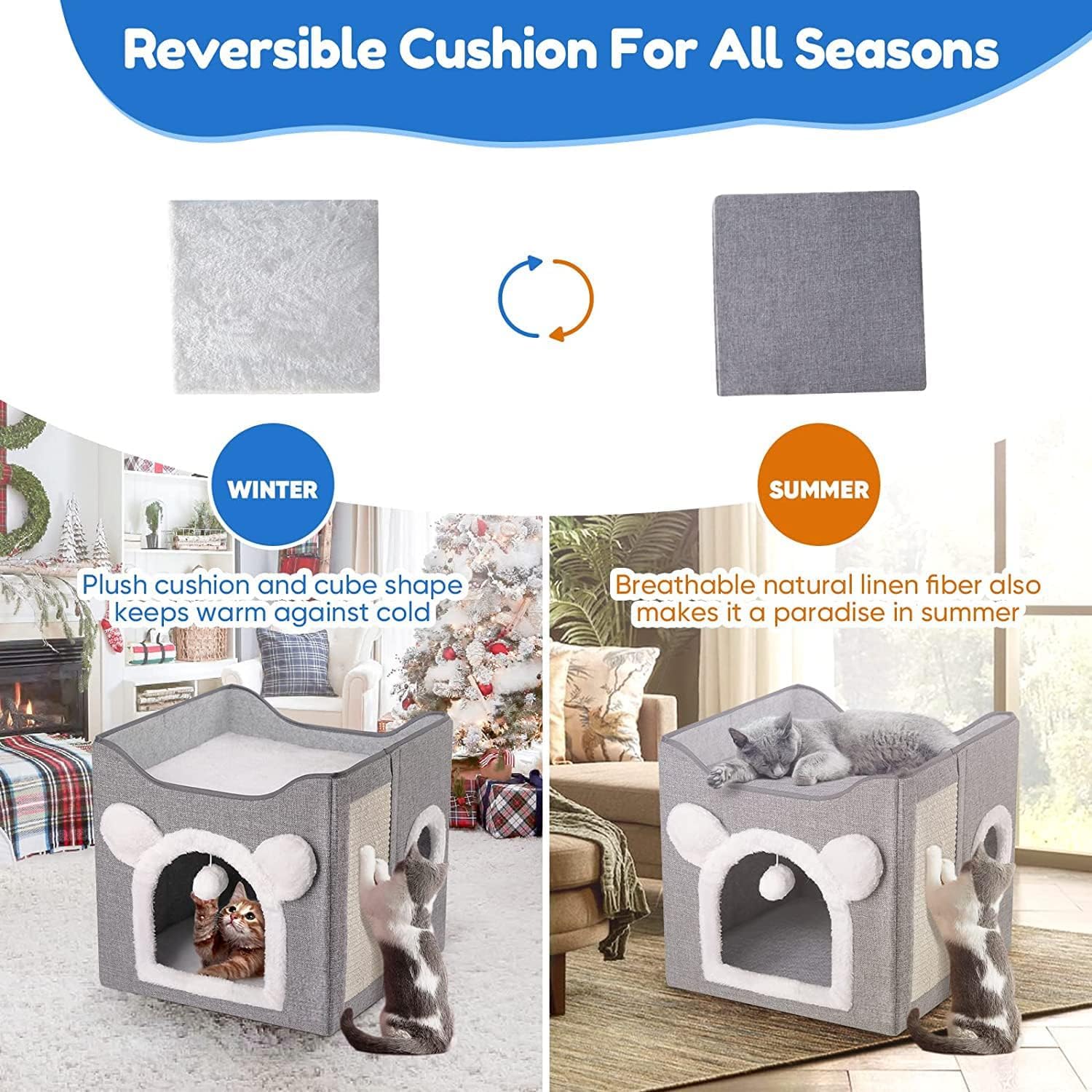 بيت قطط متعدد الوظائف من بلورفوكس، سرير للقطط في الاماكن المغلقة، منزل قطط كبير قابل للطي مع سجادة، بيت لعب كبير للحيوانات الاليفة مع كرة منفوشة، سرير مغطى للقطط الصغيرة والحيوانات، 40 × 40 × 39 سم