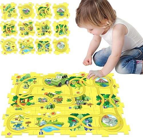 Juego de rompecabezas de dinosaurio, rompecabezas de plástico para niños de 3 a 5 años con automóvil, tablero de rompecabezas de coche de tren para