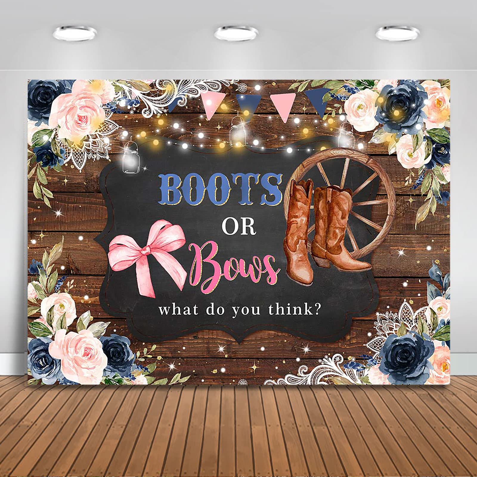 Mocsicka Boots or Bows Gender Reveal Backdrop He or She Rustic Wood Floral Baby Shower Party Decorations Background Pregnancy Reveal Photography