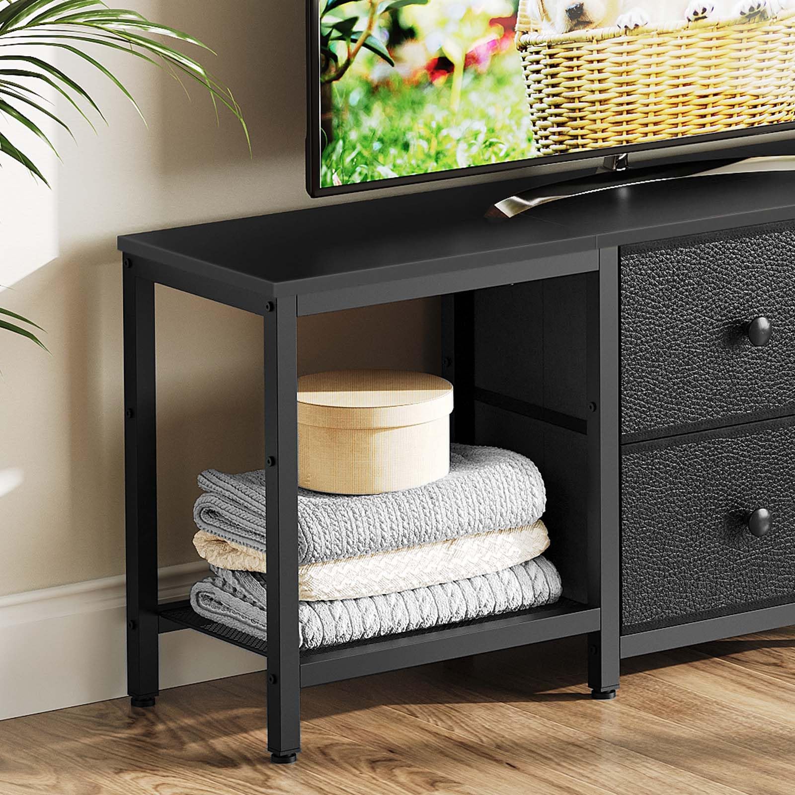 YATINEY TV-Schrank für Fernseher bis zu 55 Zoll, Fernsehtisch, TV-Konsole, lowboard mit offenen Fächern, 2 Schubladen, für Wohnzimmer, Schlafzimmer, 120 x 30 x 50 cm, Schwarz XDS02BB