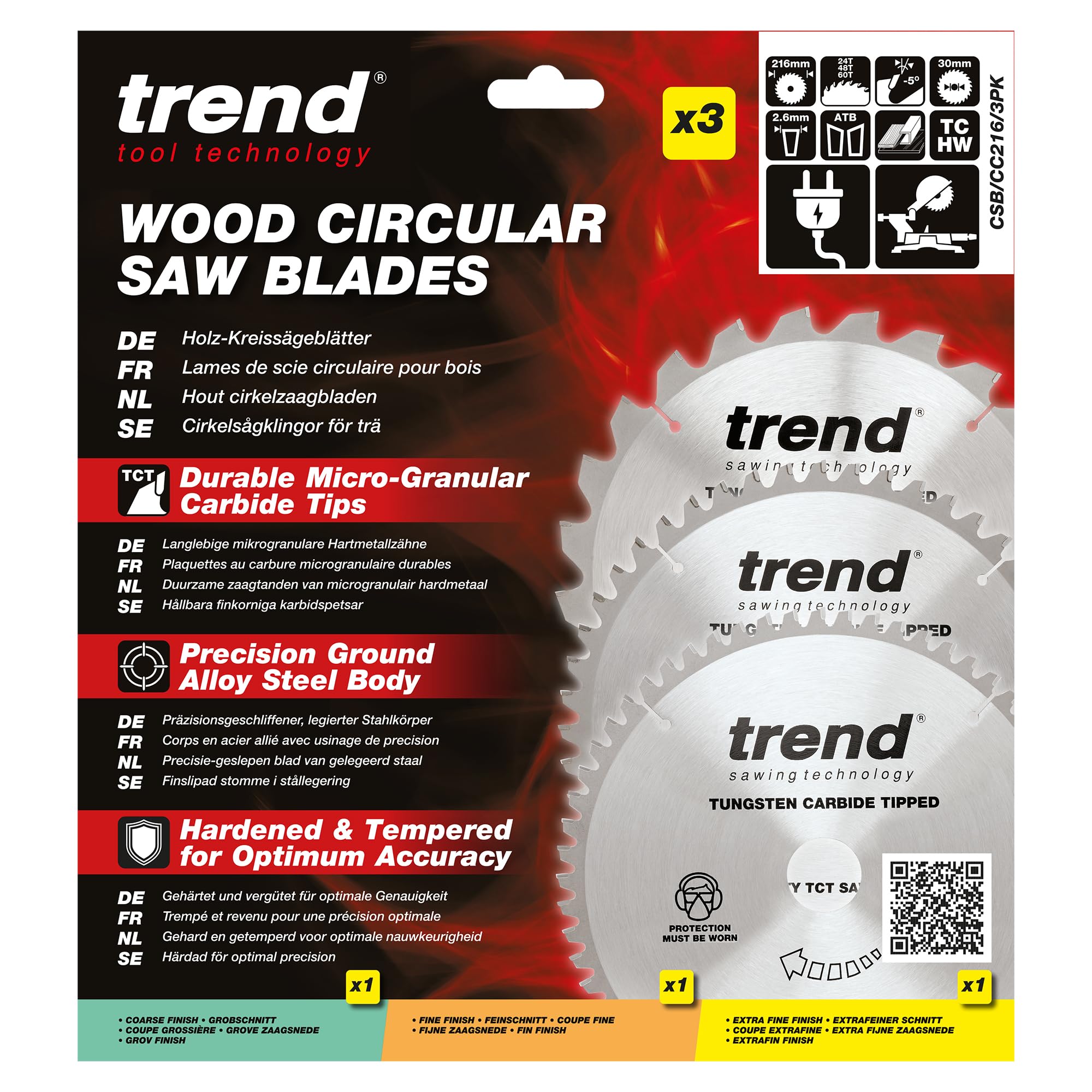 Trend Lame troncatrice 216mm 30mm 24/48/60T TCT, 3 pezzi per legno | Set lame TCT grossa/fine/extra-fine per tagli puliti nel legno: gancio -5°, kerf 2,6mm, CSB/CC216/3PK