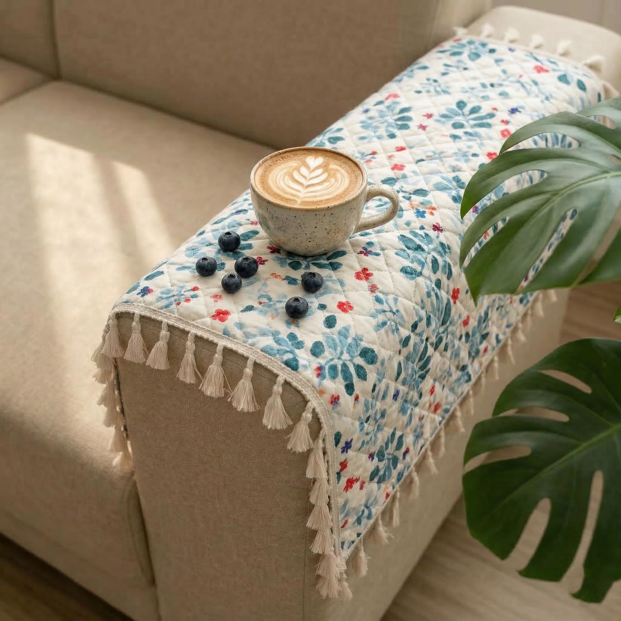 STITCHNEST Printed Quilted Sofa Arm Cover with Tassels | Stylish Hand Rest Protector | Soft & Durable | 18 x 22 Inches