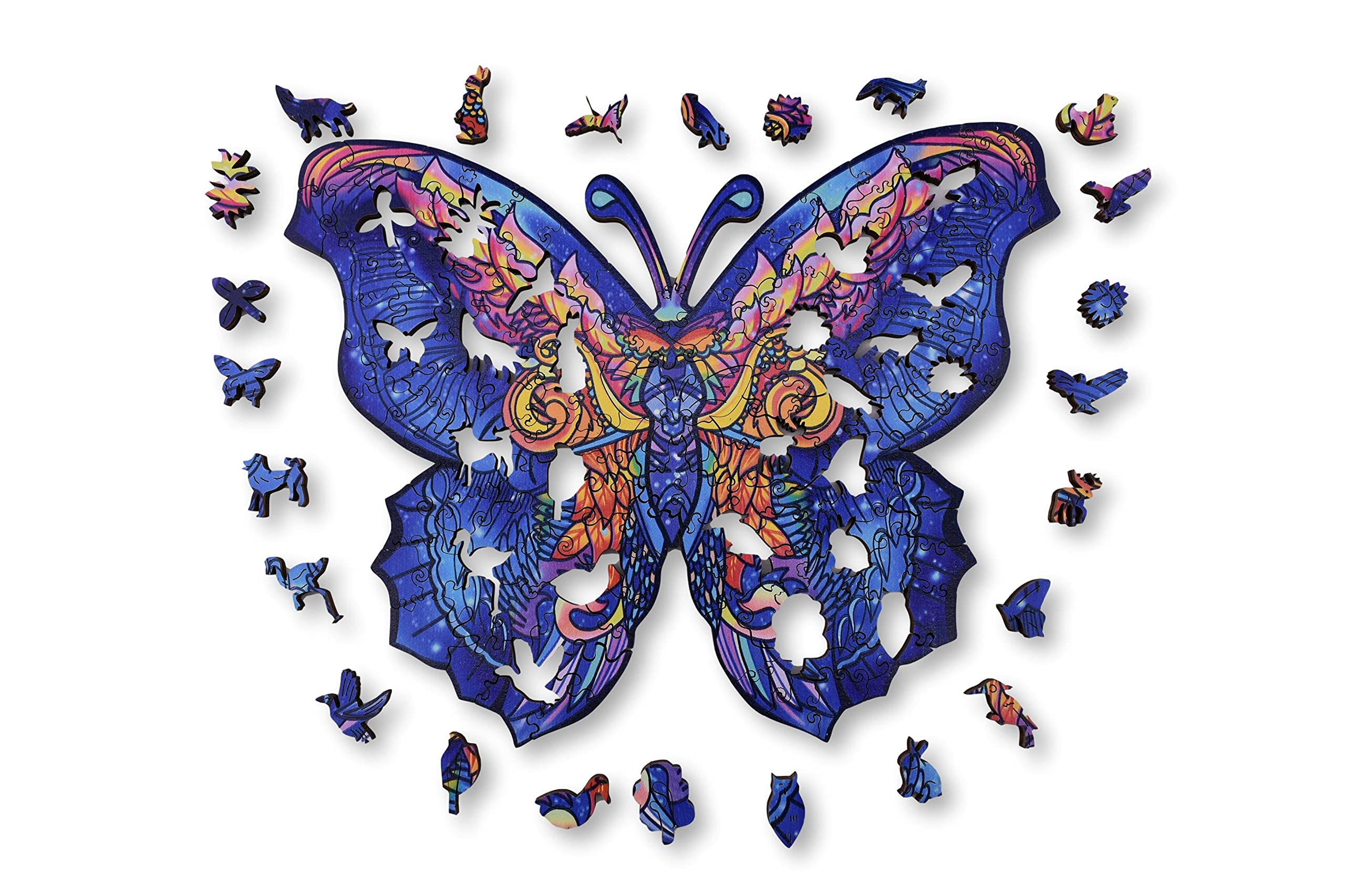 ANIWOOD Puzzle de Madera de Animales. Tapa troquelada, Caja a tamaño Real del Puzzle. 3 modos de dificultad, elemento decorativo. Piezas únicas originales de Animales (Large, Mariposa)
