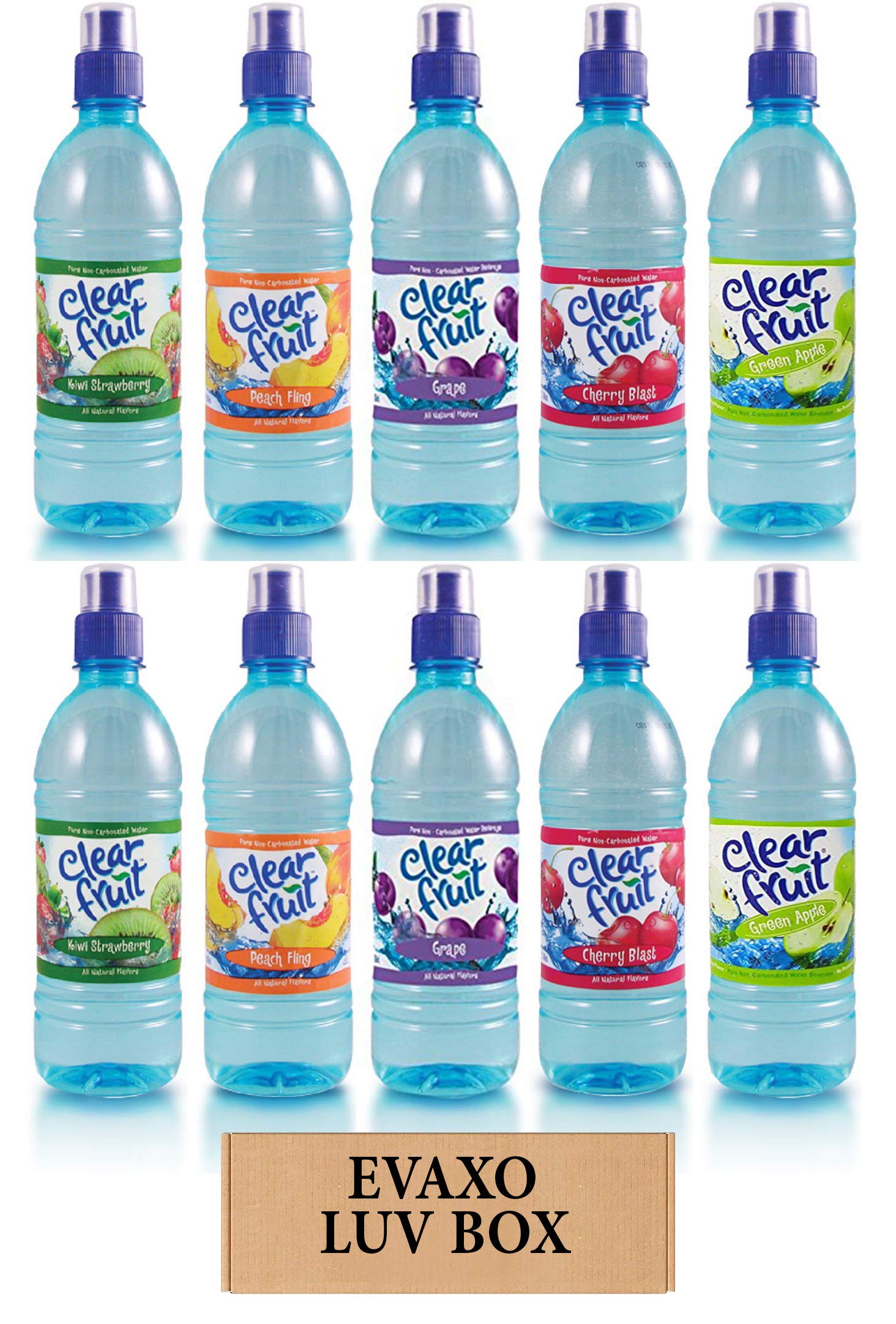 LUV BOX evaxo - Variety Clear Fruit Water Sport 16.9 Oz Bottles,Pack of 10,Kiwi Strawberry,Peach Fling,Grape,Cherry Blast,Green Apple by evaxo