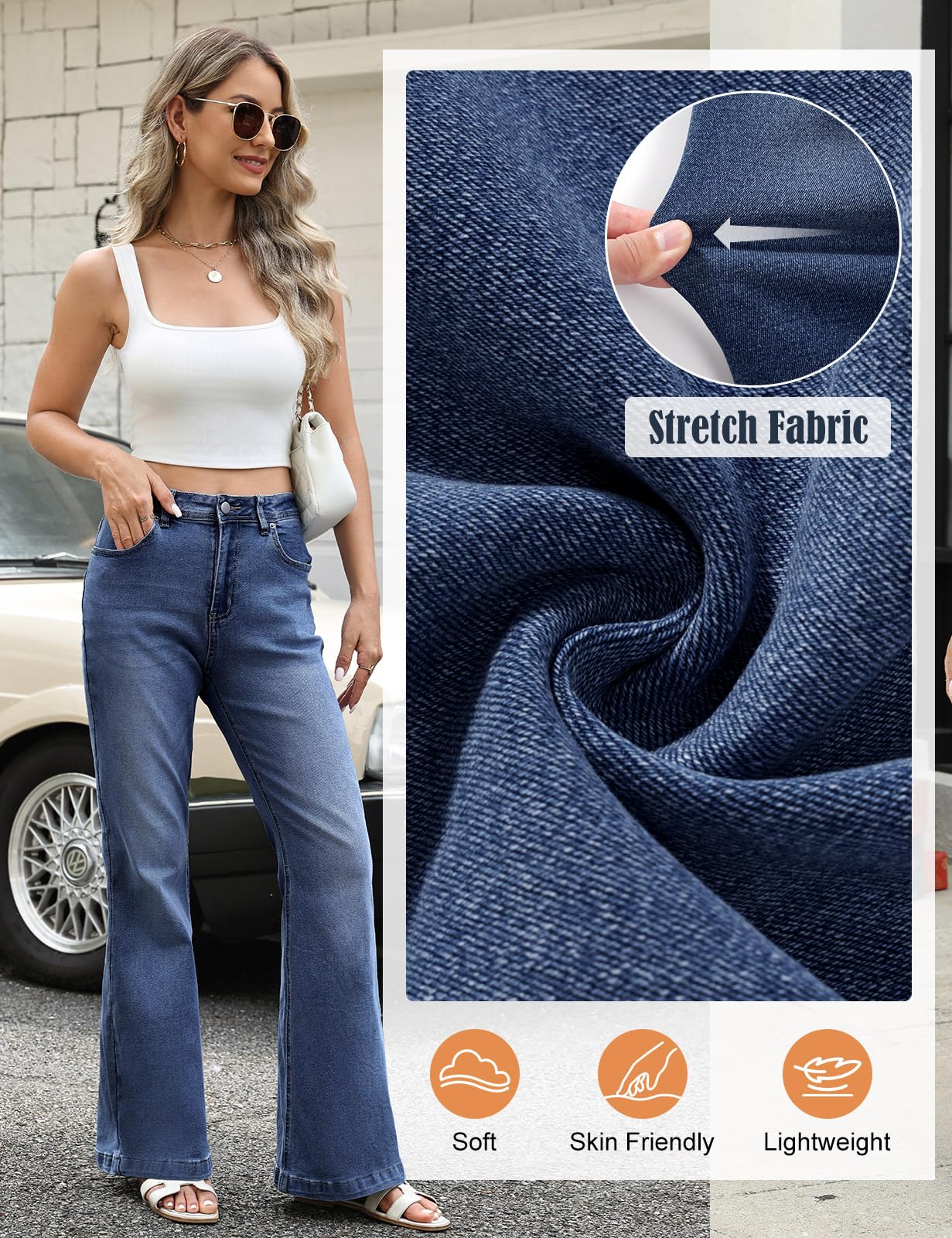 Vaqueros Mujer Elásticos Pantalones de Campana Cintura Alta Jeans Flare Pantalones Bootcut Vaqueros Slim Fit Retro Tallas Grandes con Bolsillos