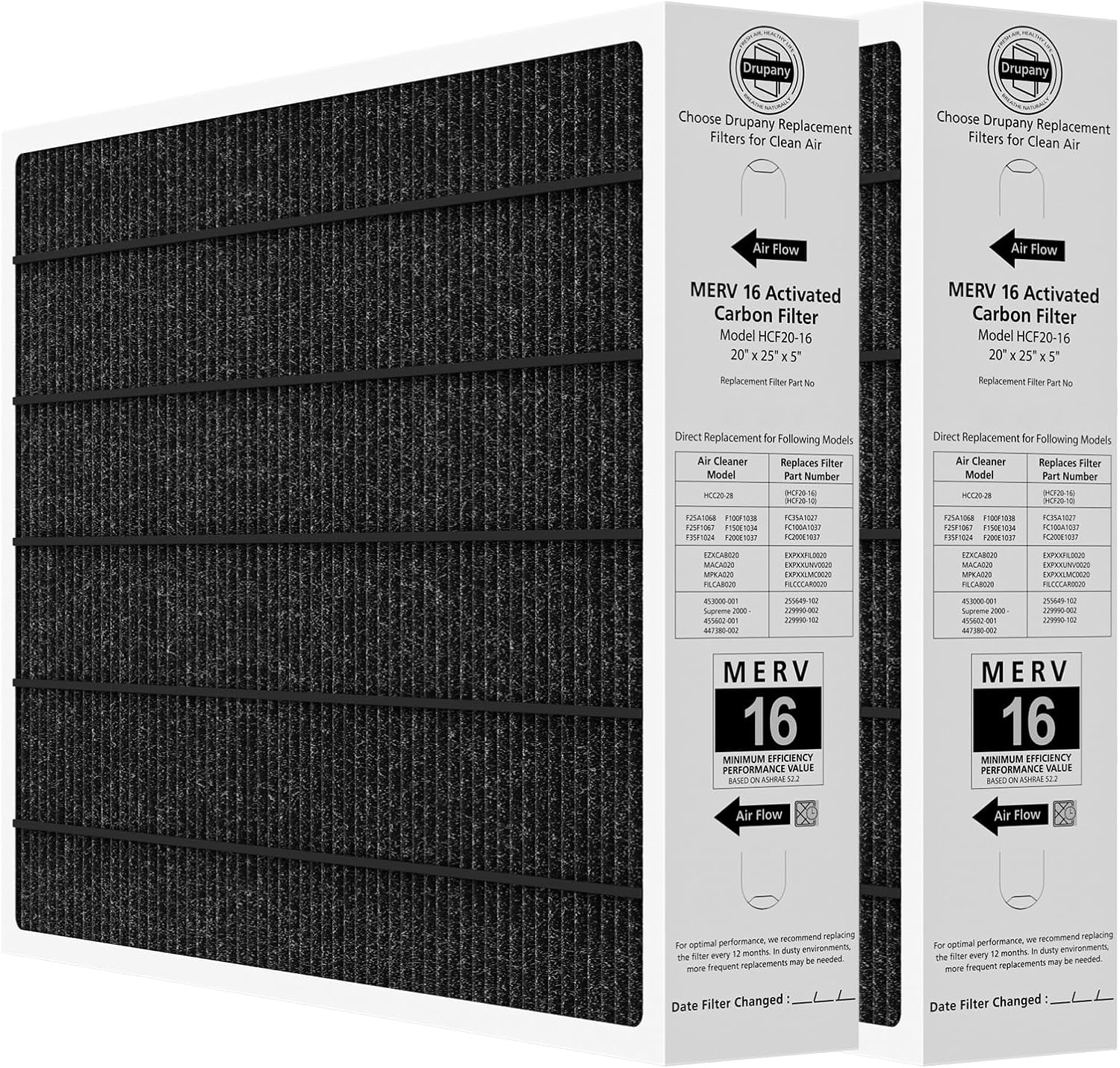 2 Pack 20x25x5 MERV 16 Air Filter Compatible with Lennox HCC20-28 Healthy Climate Carbon Clean MERV 16 Furnace Filter for HVAC System, Part Number HCF20-16, HCF20-10
