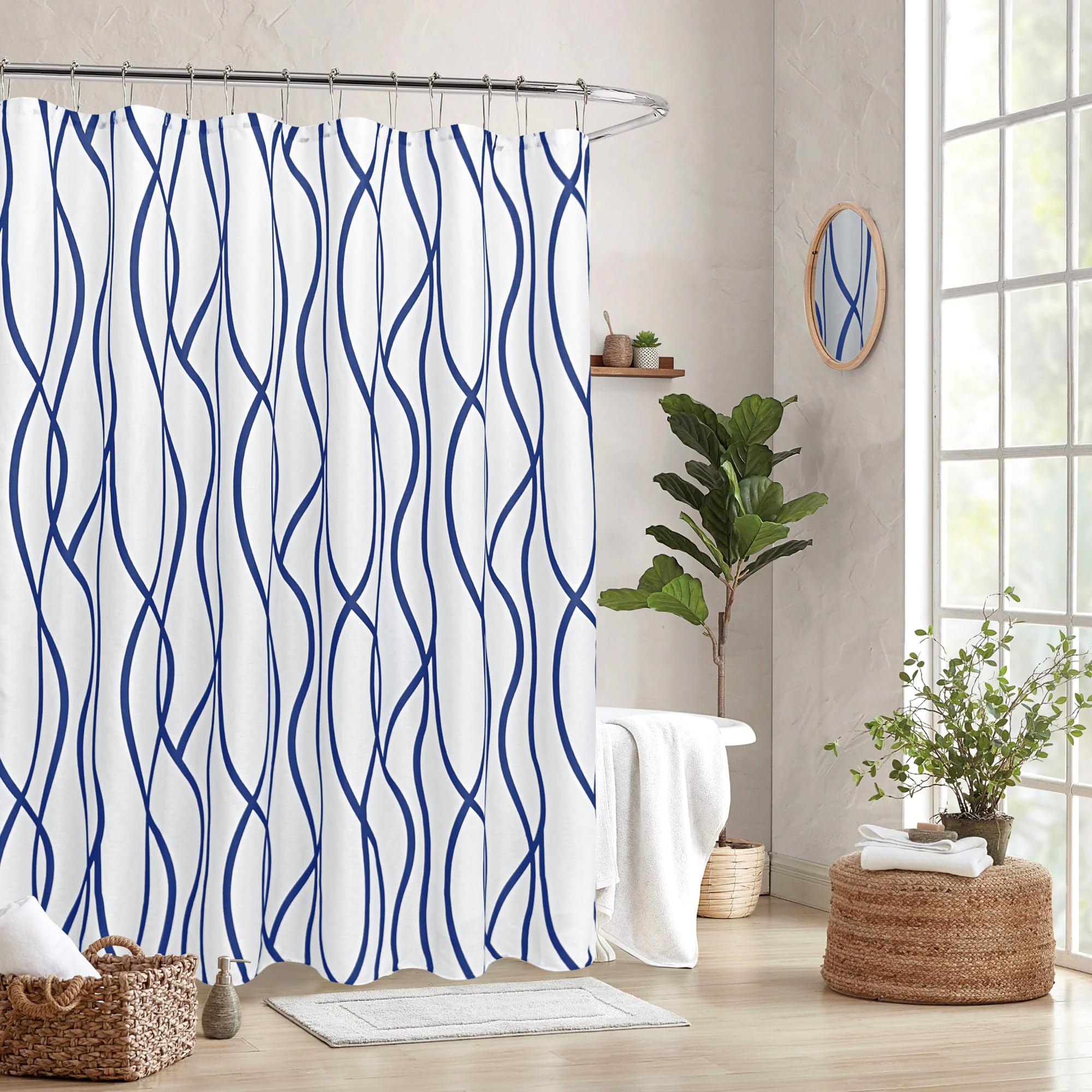 Biscaynebay Textured Fabric Shower Curtain 72x72 Inch, Navy Printed Striped Linen Modern Hotel Luxury Quality Cloth Bathroom Curtains Machine Washable