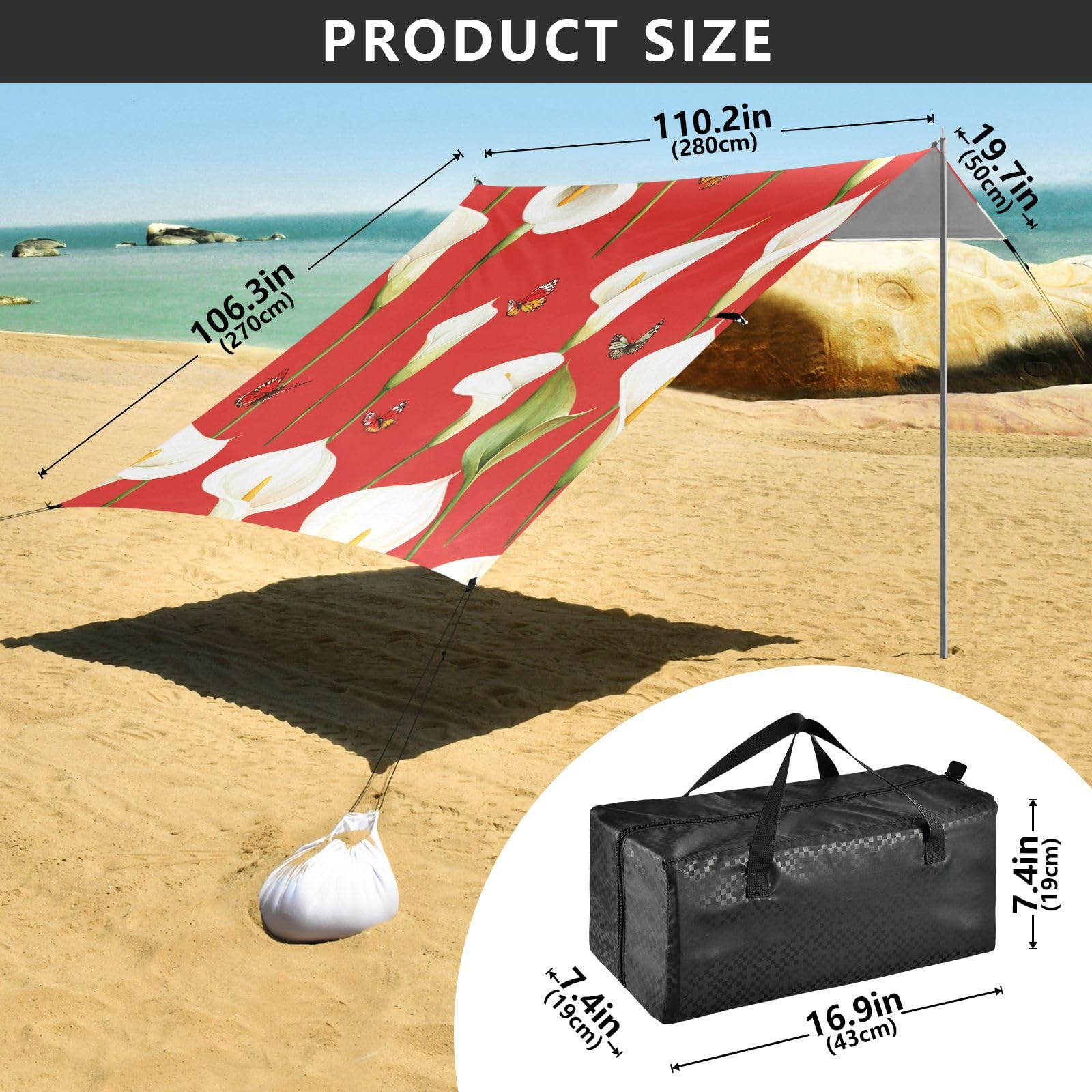 Cabaña de playa plegable con diseño de lirio de cala de dibujos animados, UPF50+, fácil instalación, con sacos de arena, pala de arena, postes para camping, picnics, patio trasero y pesca