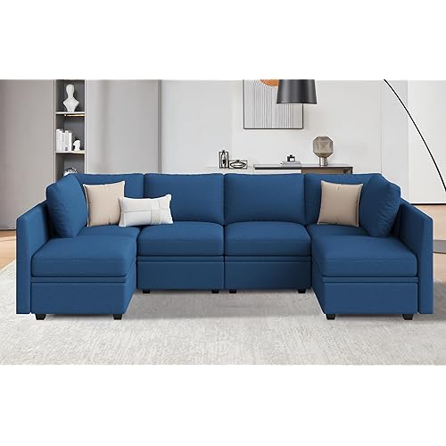 Modular Sectional Sofa with Storage, U Shaped Sectional Couch for Living Room, Convertible Modular Sofa Couch with Ottomans, High Supportive & Soft Sponge, 6 Seat, Blue