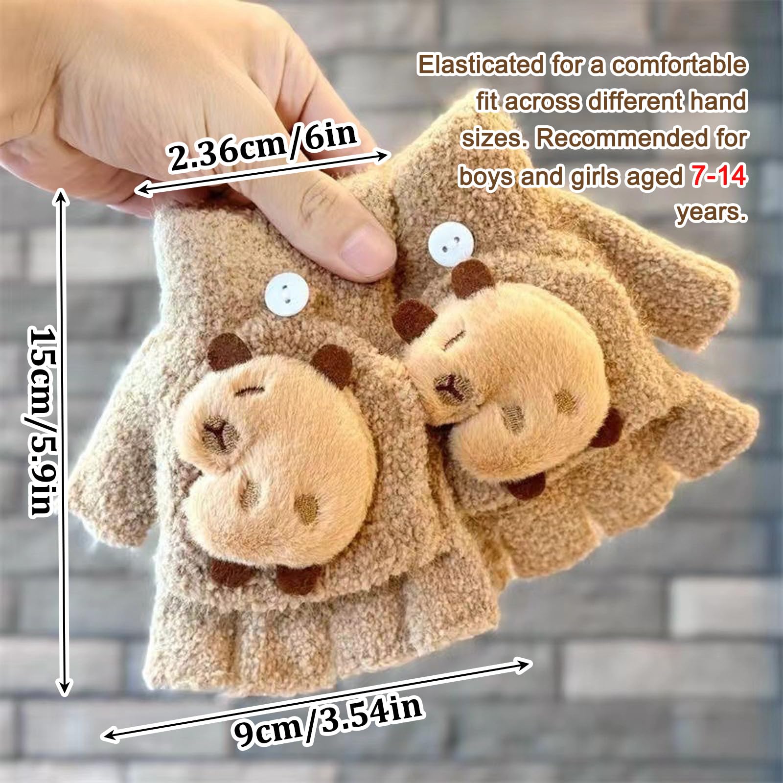 Guantes Sin Dedos para Niños Capibara, Guantes Térmicos Invierno Flip Top, Manoplas Niño 7-13 Años