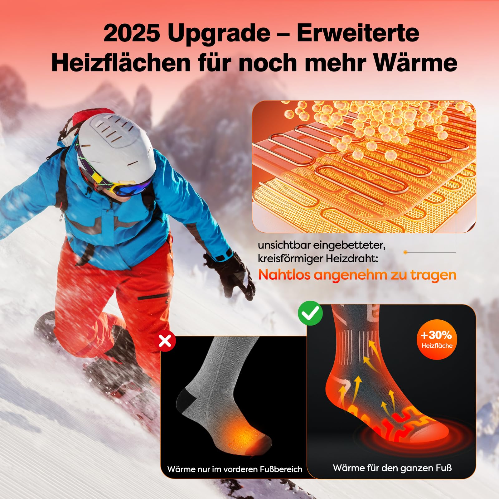 Beheizbare Socken Damen Herren, 5 V 6000 mAh APP-Steuerung Heizsocken, 2025 neues Upgrade +30% Heizfläche, geeignet zum Skifahren, Outdoor, Camping, Wandern und Motorradfahren