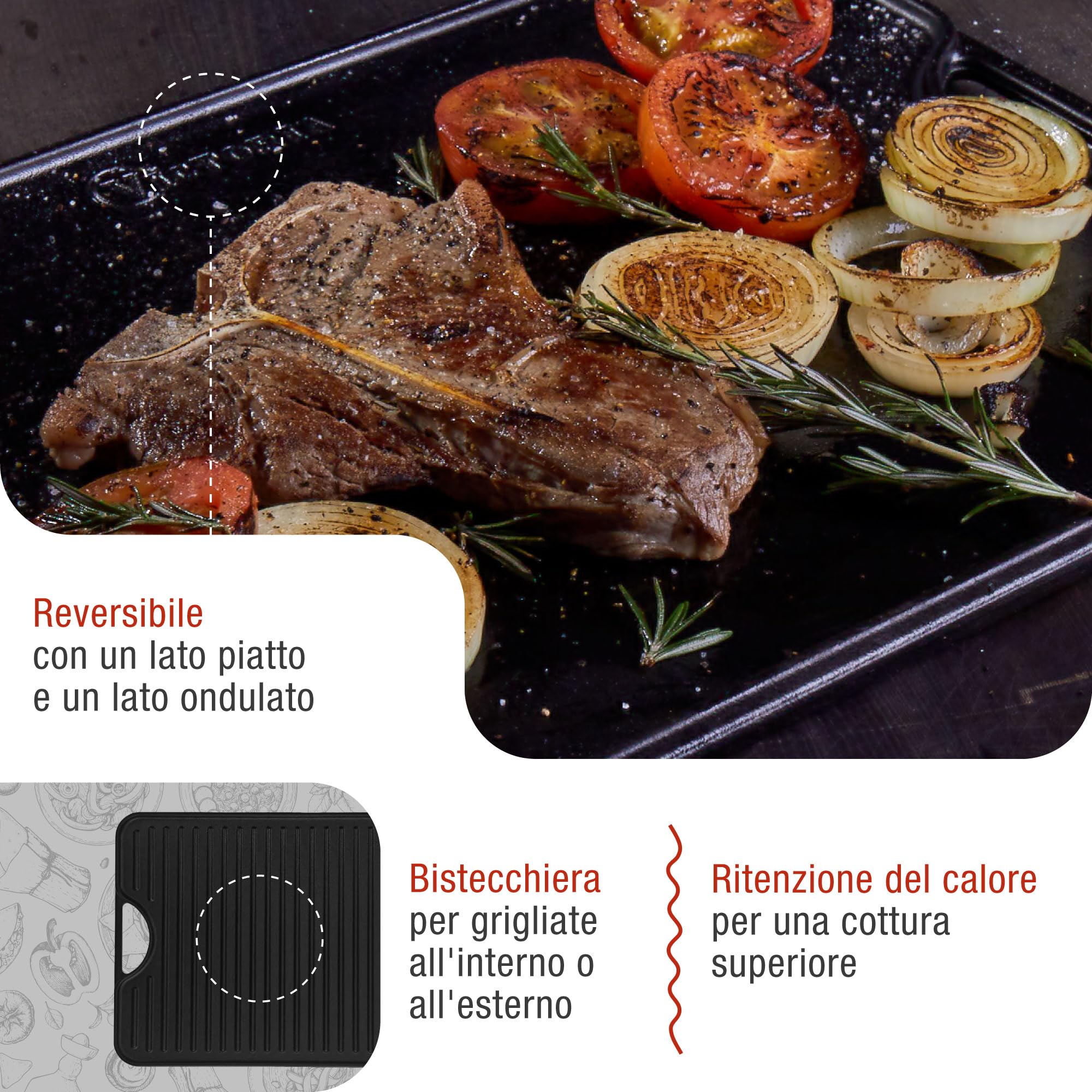 VICTORIA Bistecchiera Ghisa Smaltata, Piastra per Grigliare Reversibile 47 X 25 cm per Fuoco, Barbecue, Forno, Vetroceramica, Gas, Priva di Sostanze Tossiche e senza PTFE