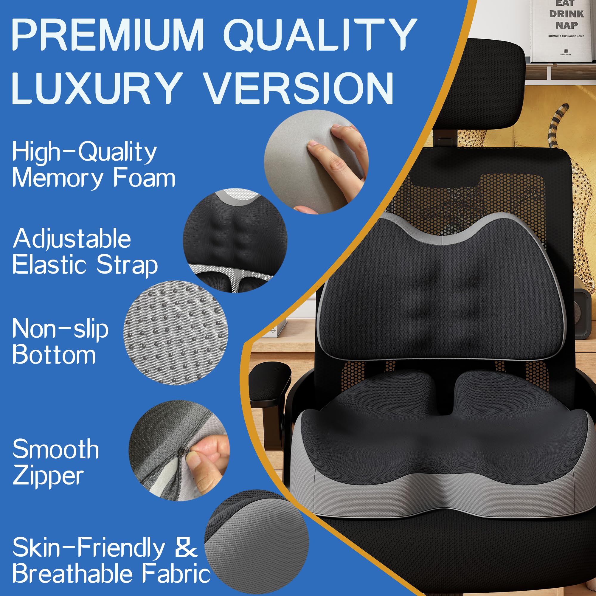 Benazcap X Large Memory Foam Seat Cushion Lumbar Support Pillow for Sciatica Tailbone Pressure Relief Coccyx Pad for — view 2