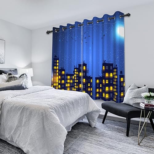 Miniatura 4 de Cortinas de superhéroe de 21 x 54 pulgadas, diseño de dibujos animados, cómic, edificios de ciudad, edificios, 2 paneles de oscurecimiento de