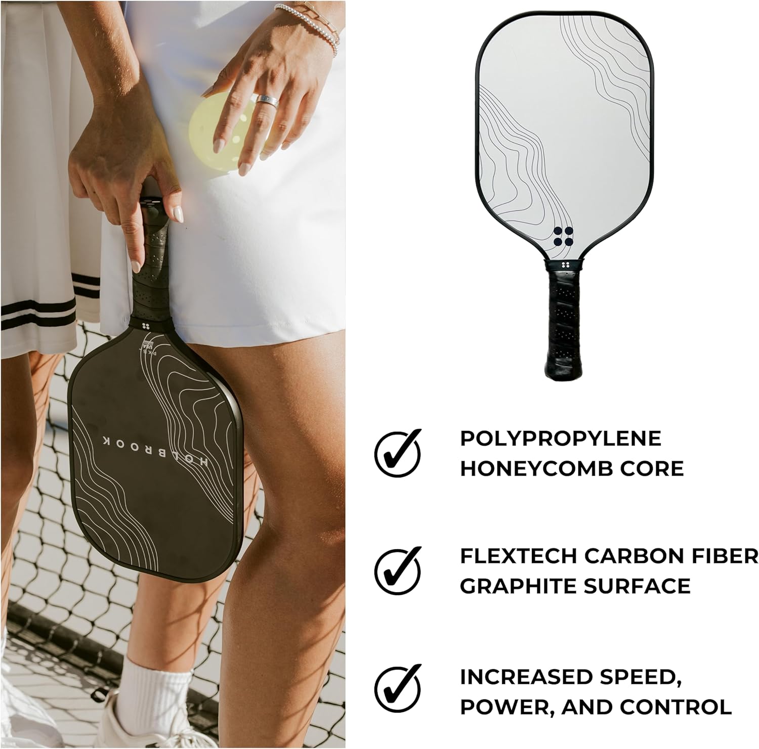 Holbrook Pickleball Paddles | Performance Series | Carbon Fiber Pickleball Paddle, Graphite Blend Surface | Polypropylene Honeycomb Core | Cute Pickleball Paddles